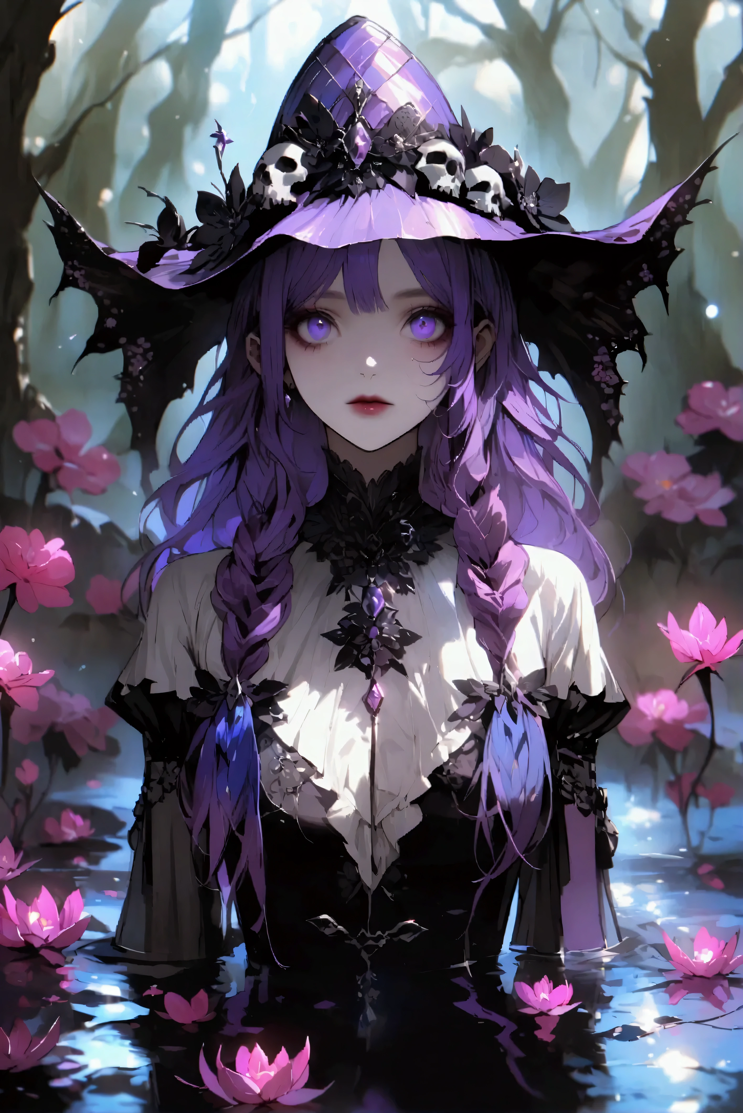 A mística Fada feiticeira maligna, floating in a dark swamp .  Long curly bright and intense purple hair ,  dark makeup dripping around the eyes .  Wearing a second shiny purple silk skin with embroidery and black leather borders .  Shiny silk hat adorned with a pink tiara Deaths and skulls of small animals.  Giant magic moth wings , highly detailed. gloomy swamp environment,  surrounded by velvety and iridescent black flowers , Dense fog in the background.  Dramatic and magical lighting ,  high contrast , iridescent shine.  Realistic anime style with high-quality textures .
( Main Elements : Fada:1.2, basic:1.1, clothing:1.0, Environment:0.9)