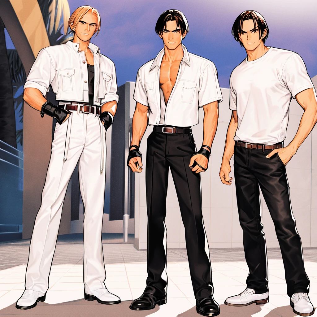 There are three characters (a man, a woman, and a ) in this animated scene shot at eye level. The man wears a black leather jacket, white T-shirt, black pants, brown belt, and white leather shoes. The woman wears a short-sleeved shirt, black fingerless gloves, and white sneakers. The ren wear black pants and white shirts. They are standing against a background of a swimming pool and palm trees. Red eyes, all three have happy smiles.