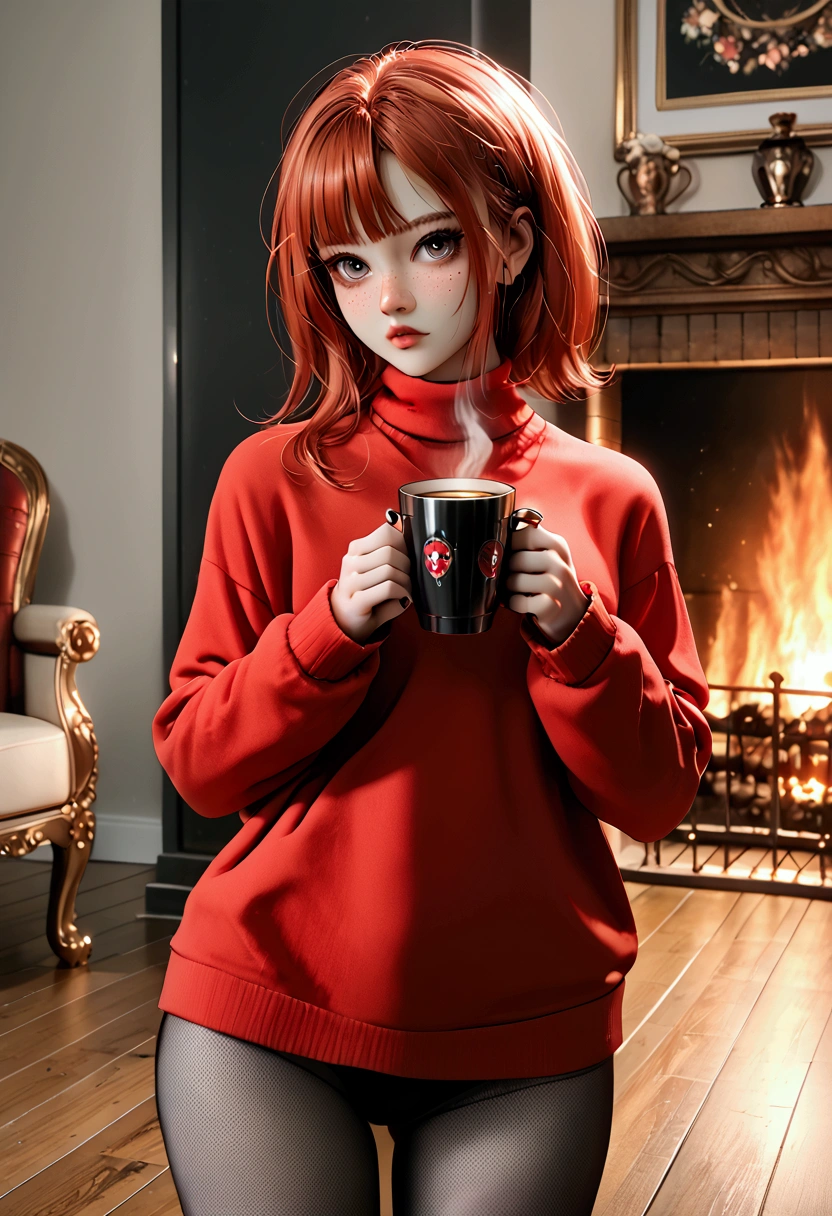 a girl with red hair and ((freckles)) ((standing by the fireplace)) dressed in ((winter red sweater)) ((black fishnet tights)) holding a cup of coffee