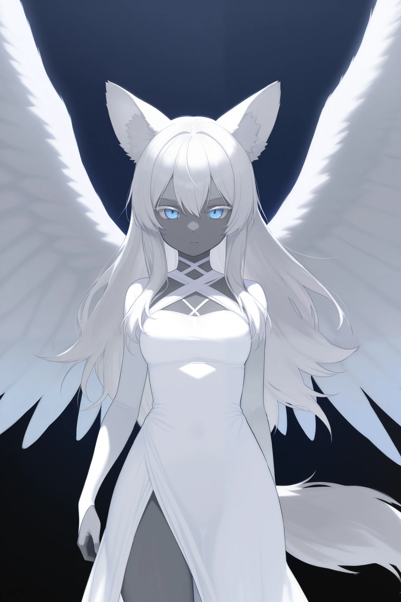 white long hair , girl , grey skin, WOLF EARS, Valkyries , wolf tail, big wings , white dress contest.