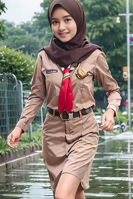 Young sweet beautiful Indonesian girl, 18 years old, slim body, georgeus face, beautiful small breasts, wearing white dirty short hijab to  covering all her hairs, a senior smart indonesian scout trainer at camping aream  a strong and humble girl, wearing very  dirt  long sleeve all unbuttoned indonesian scout jacket, there is a red cross badge on her  pocket,  wearing black sport shoes,  very realistic, very detail face, no cartoon, all good fingers have normal shape, normal legs shape, standing limp opened wide legs at  in camping zone,  sun shining to her body,   vagina and breast are exposed and visible, sweat on all her skins, many sweat flowing on her redish exhausted face, enjoying her jobs, exhausted eyes,  very exhausted face, her dark hairy  vagina exposed, very dense hairs under her stomach are visible, no bra, no panty, no underwear,  nude, she is forget to get dress,