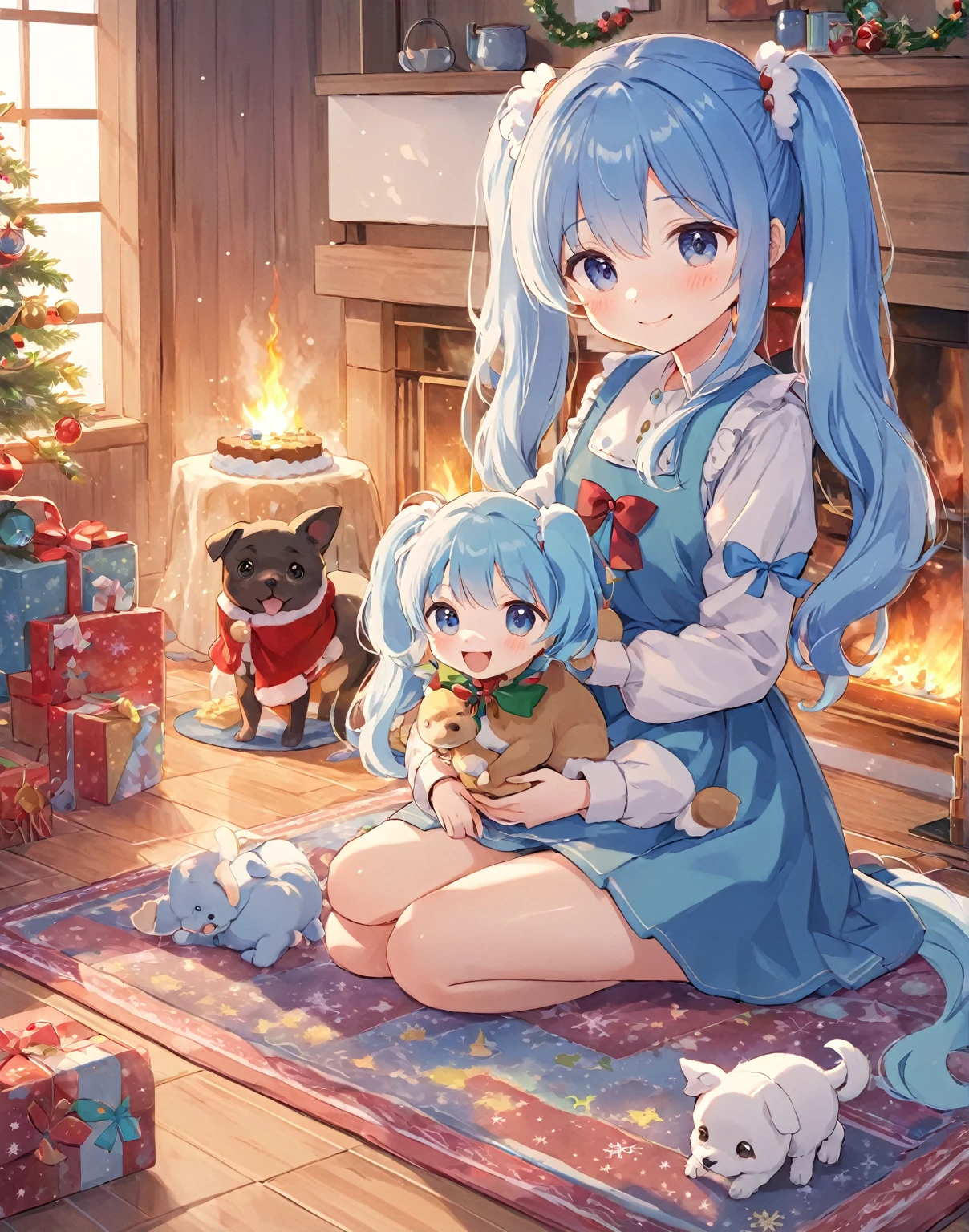 anime girl with blue hair and a puppy sitting on a rug, anime style 4 k, anime moe artstyle, cute anime girl, digital art on pixiv, anime art wallpaper 8 k, anime! 4 k, anime! 4K, anime visual of a cute girl, li, made with anime painter studio, 4K!, painted in anime painter studio、 Light Blue Long Hair 、 little character with twin tails、Bright living room、A warm room with a wood burning stove 、 snowy landscape outside the window、I'm holding a Christmas card with a smile、 Christmas Tree、 Christmas Cake