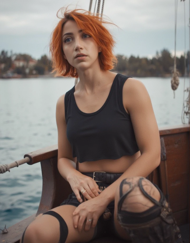 Emily Rudd, beautiful short woman, orange hair, bright blue eyes, small stature, wearing daisy dukes, cropped top, full body pose on a wooden ship, below angle shot, raw photo, highly detailed, ultra hd, 8k, black lingerie and stockings, lingerie 