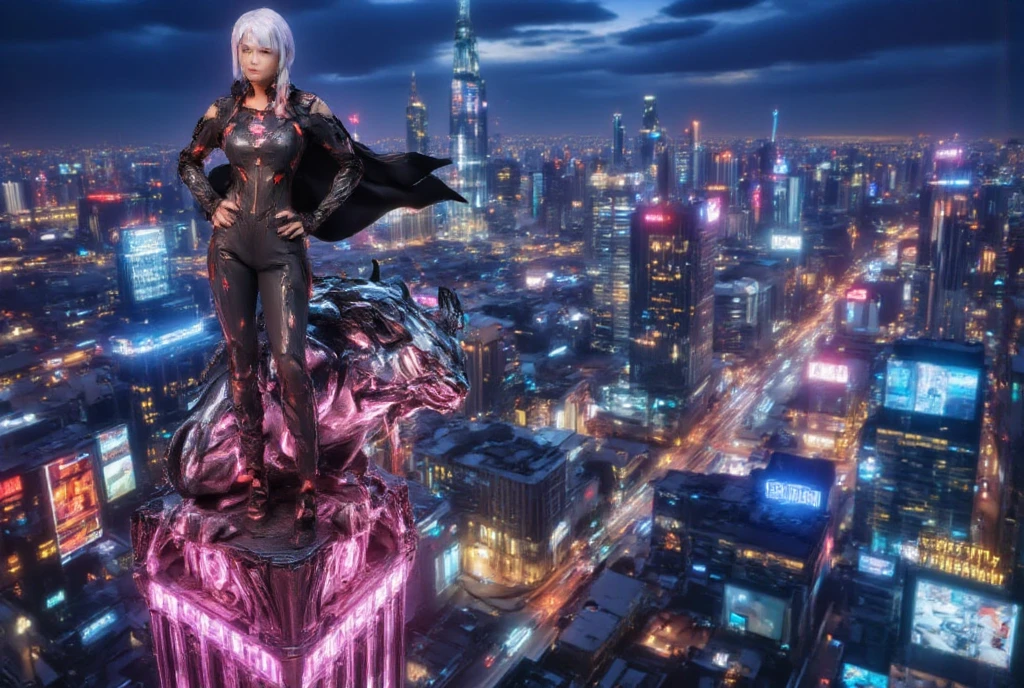 (best quality, 128k,highres,masterpiece:1.2),ultra-detailed,(realistic,photorealistic,photo-realistic:1.37), ((masterpiece)) ((photography)) ((Highest quality))  A cinematic scene of a Cyberpunk gargoyle perched on a futuristic building, with neon lights reflecting off its metallic surface. The gargoyle's stone-like texture is enhanced with glowing circuits and sharp, angular details. Above the gargoyle, a woman in a Cubirg style inspired by Batgirl, wearing a sleek, high-tech suit with a glowing emblem on her chest, stands confidently. The cityscape behind her is filled with holographic ads, flying cars, and towering skyscrapers. Her cape ripples in the neon breeze as she gazes over the futuristic city below, exuding an aura of mystery and strength.