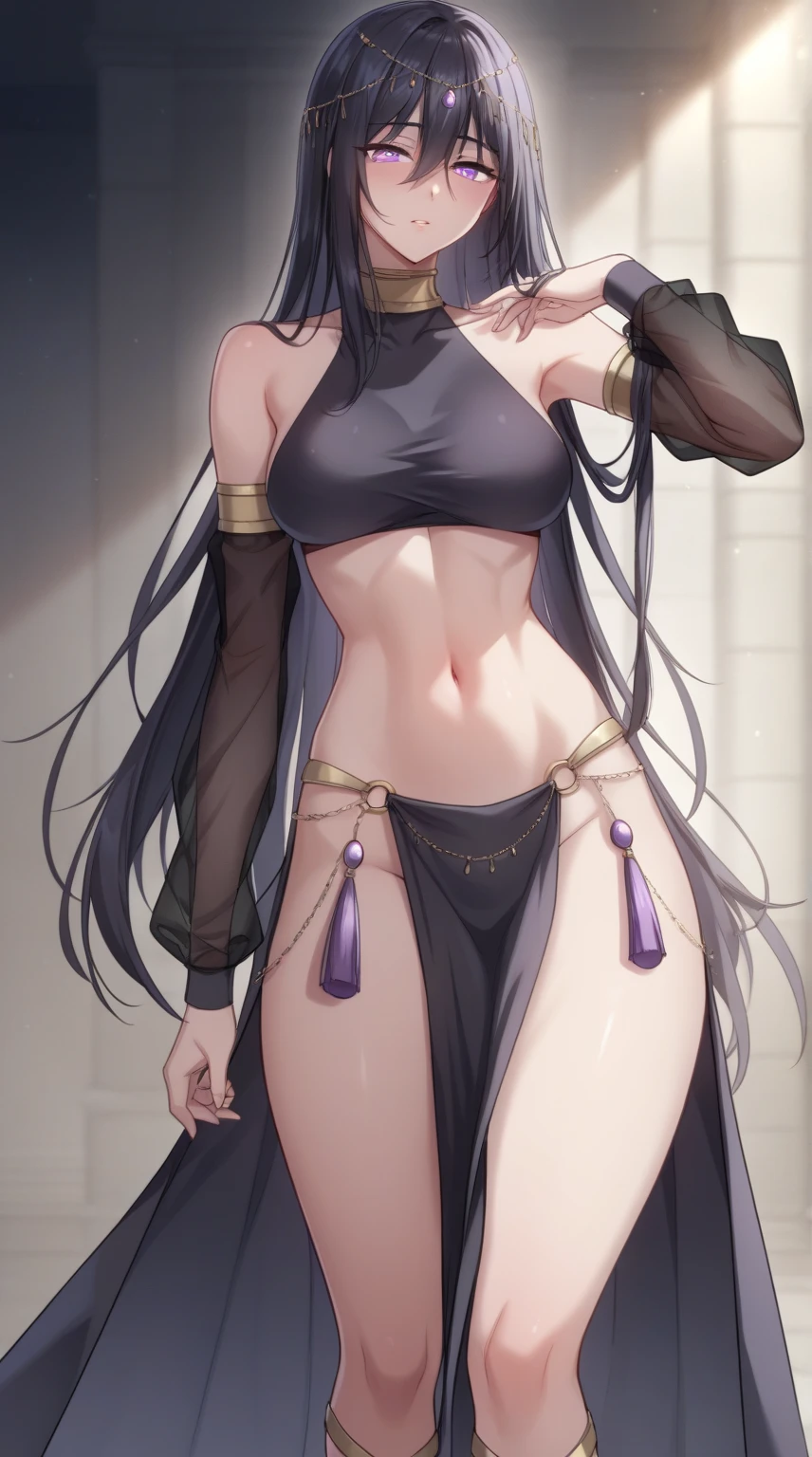 long hair, black hair, purple eyes, hair between eyes, circlet, arabian clothes, gold choker, turtleneck, covered collarbone, bare shoulders, black crop top, detached sleeves, see-through sleeves, midriff, navel, o-ring, waist cape, pelvic curtain gladiator sandals,Tattered clothes