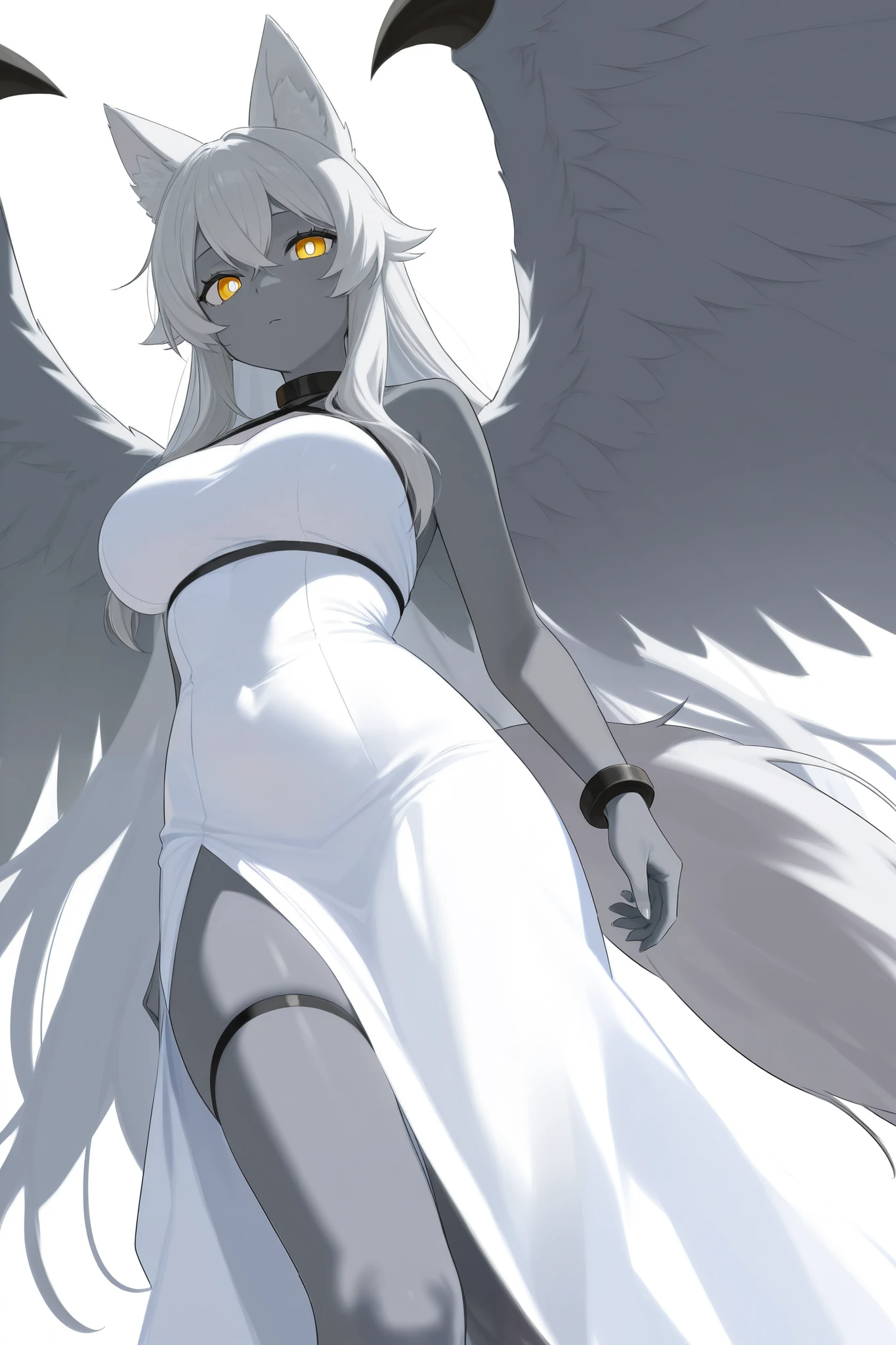  white long hair ,  girl , grey skin, WOLF EARS, white pupils, Valkyries on the head ,  wolf tail,  big wings ,  white dress contest.