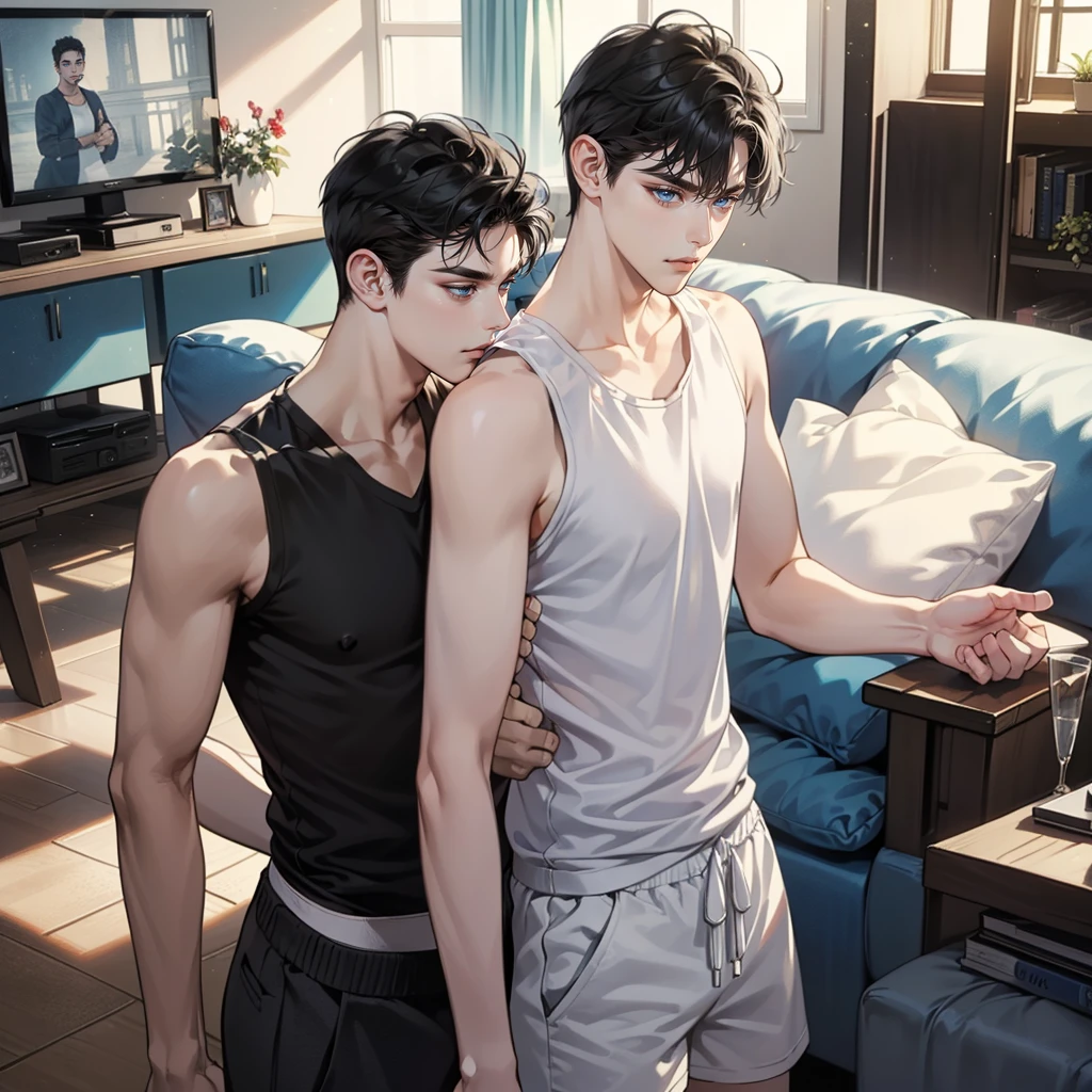 Two men lying on a bed and holding hands one is a slim toned Japanese guy in black tank top and the other Mexican guy in white tank top and stocky asleep in a bed with white sheets romantic sweet love