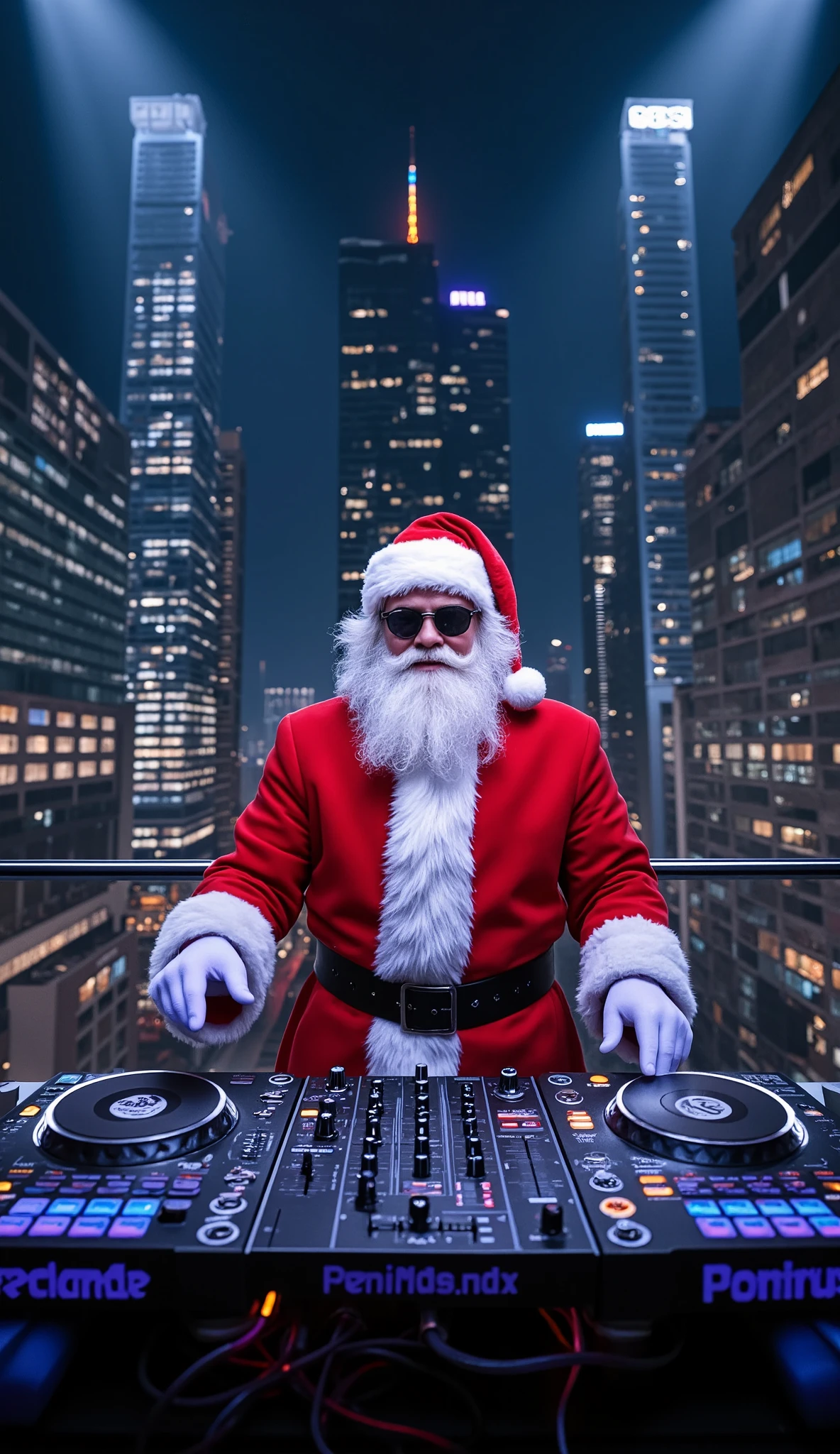 santa claus dj wearing sunglasses at night,  panoramic shot cyberpunk front shot with vinyl turntables, the pair of turntables and the dj mixer need to shows completly equiment