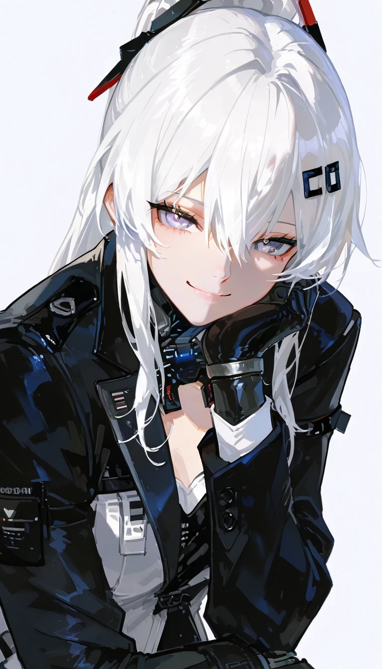  top quality , masterpiece,        748cm style       ,        1 girl,   ,       viewers,  ,      smile,,      Punishing Gray raven、     Lucia、     suit, White Hair,      Ponytail
simple background, looking at viewer 