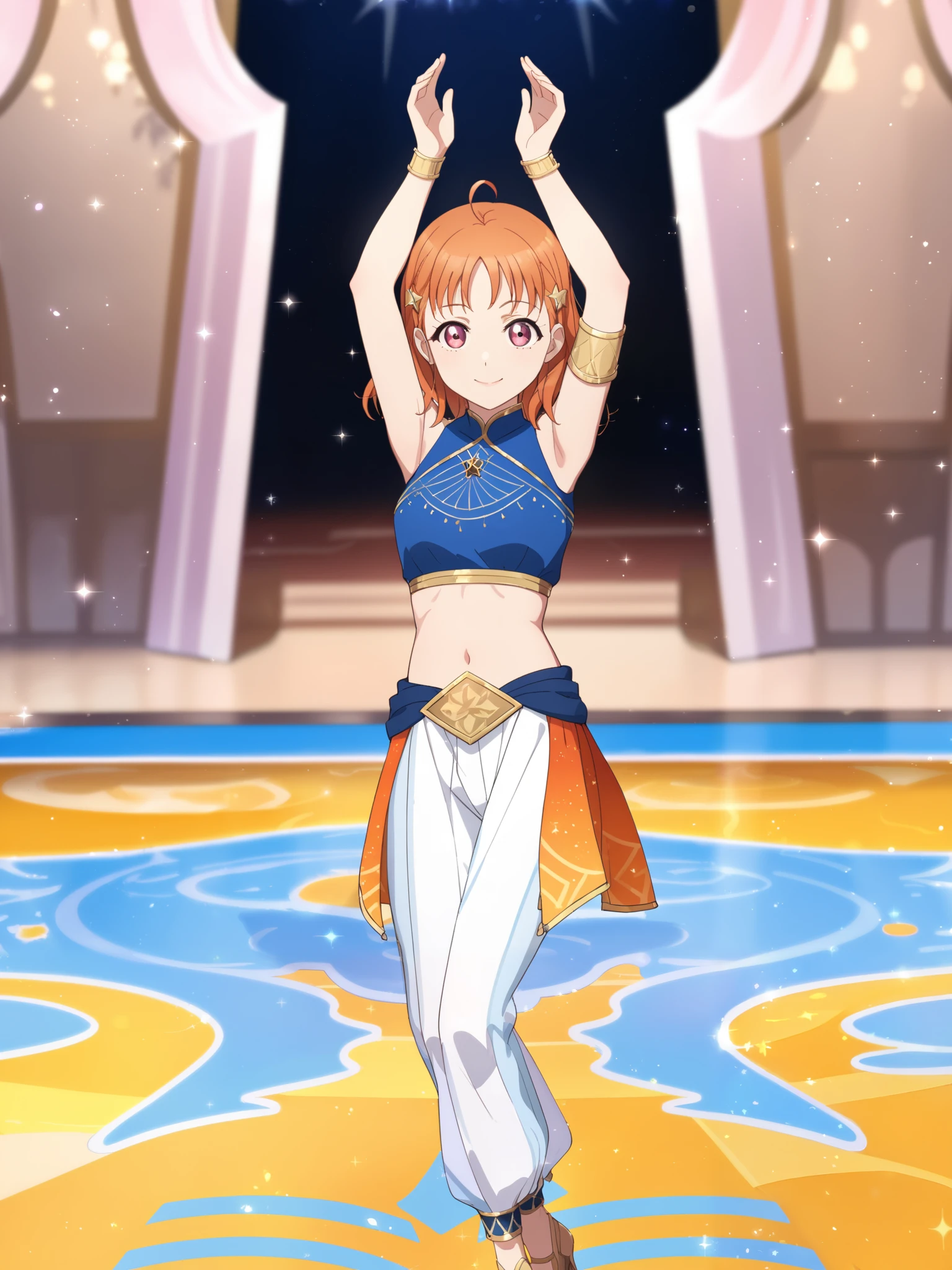 Masterpiece, best quality,blue crop top with star pattern, golden trim, skin tight crop top,sleeveless, oriental-inspired outfit,white harem pants, gold and blue accents, decorative sash, transparent orange veils, star emblem,standing, arms raised, hands forming a mudra pose, symmetric pose, dancer pose, elegant posture,indoor stage,takami chika, pale orange hair, medium hair, (ahoge:0.8), pink eyes
