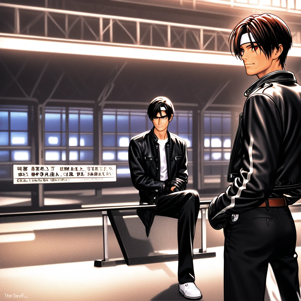 masterpiece, Beautiful light,  knight ,  waiting for the train on the Kasukabe station platform ,  couples after insertion,  cute man and woman sitting on a bench with a confident smile and talking,  happy vibes ,  short bob,  black hair,  red eyes, Dark Skin, (( black leather jacket with rolled up arms )),  fingerless gloves,  white t-shirt , (( white headband)),  open jackets ,  Black Pants ,  white shoes ,  brown belt,  Headphones on,  sad atmosphere , (The station name is Kasukabe Station  ), There is a sign there.  jacket open ,  Black Pants ,  white shoes ,  brown belt,  with chin in hand {x} headphones ,  sad atmosphere , (The station name is Kasukabe Station  ), There is a sign there