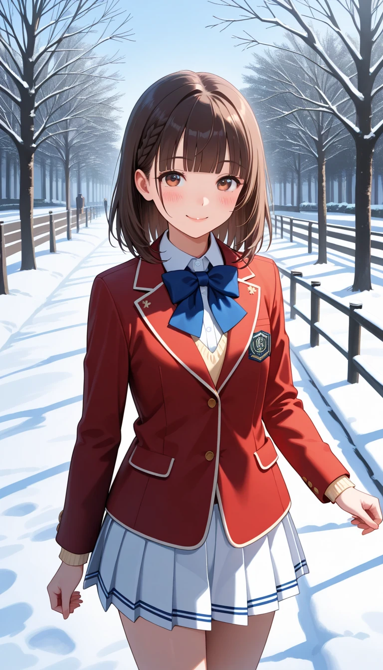 masterpiece,  top quality,  high definition , brown hair,  medium hair,  braided , blunt bangs,  blue bow tie,  red jacket,  blazer,  Long Sleeve , White Skirt,  pleated skirt ,   White Knee-High, smile, winter festival city,   outdoor,  standing ,  cowboy shot ,smile ,glossy lips ,blushing