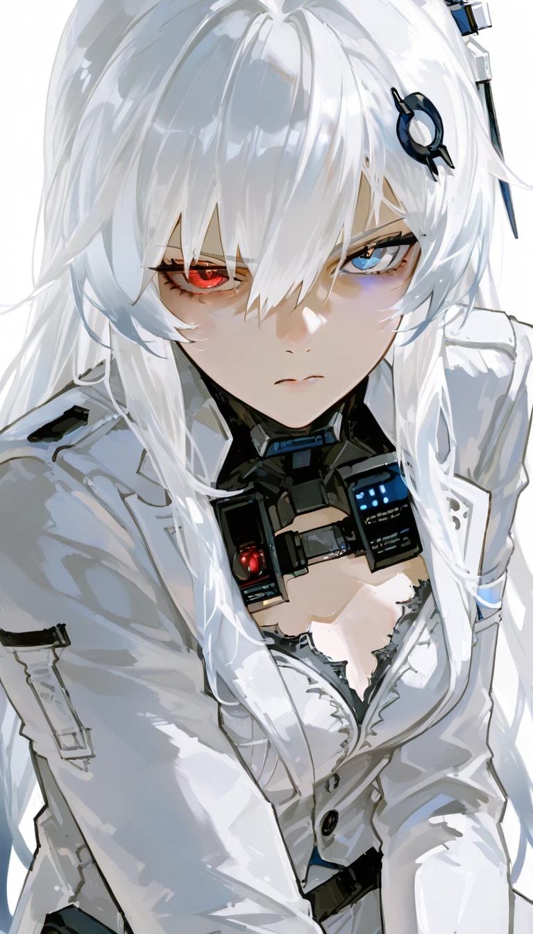  top quality , masterpiece,        748cm style       ,        1 girl,   ,       viewers,  ,      serious expression,,      Punishing Gray raven、     Lucia、     suit, frayed hair long hair, white hair, gradient hair, hair ornament, heterochromia, red eyes, blue eyes, white suit
simple background, looking at viewer 