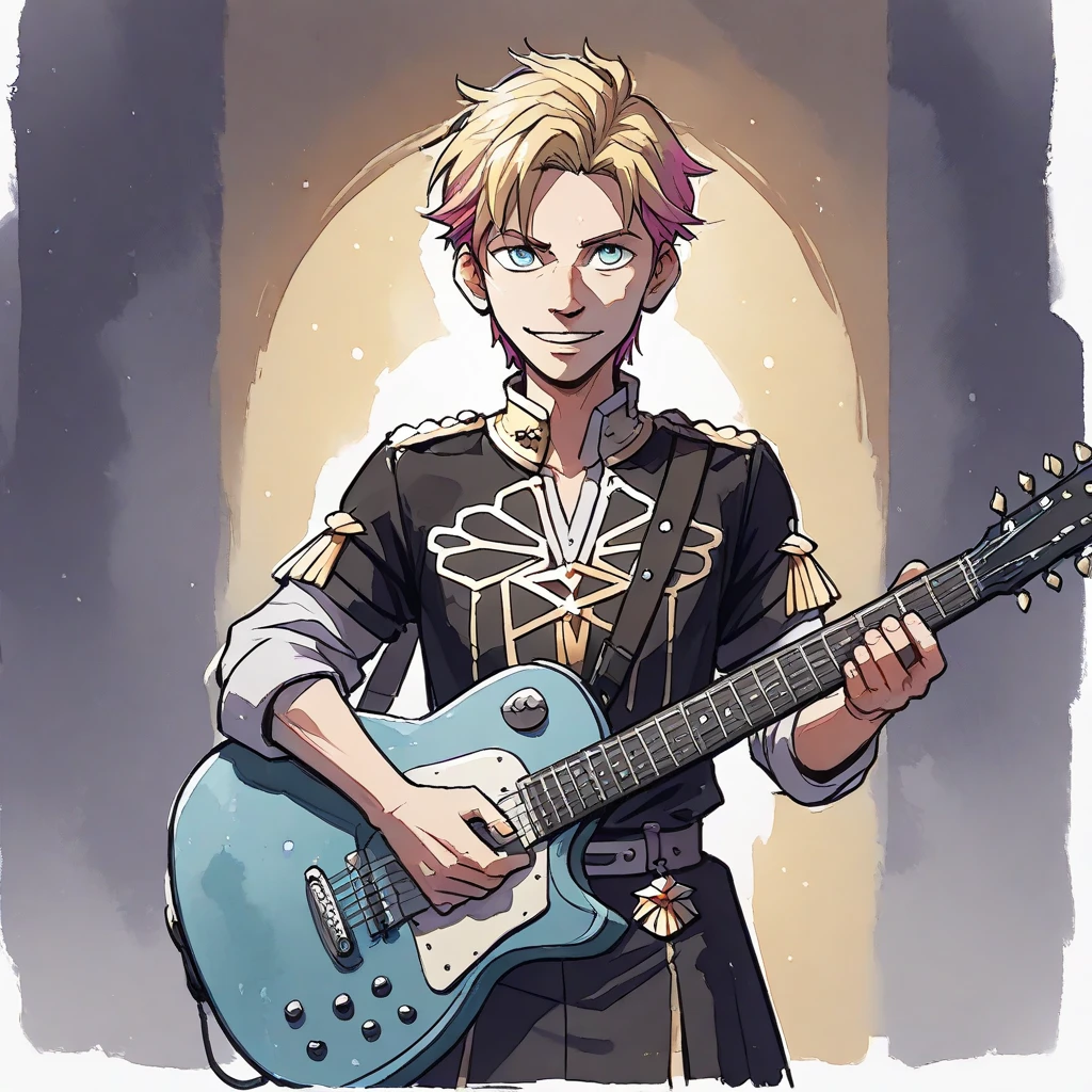 three brutal rock piglets in rocker clothes and with guitars, in the background three houses and a big wolf, action anime style
