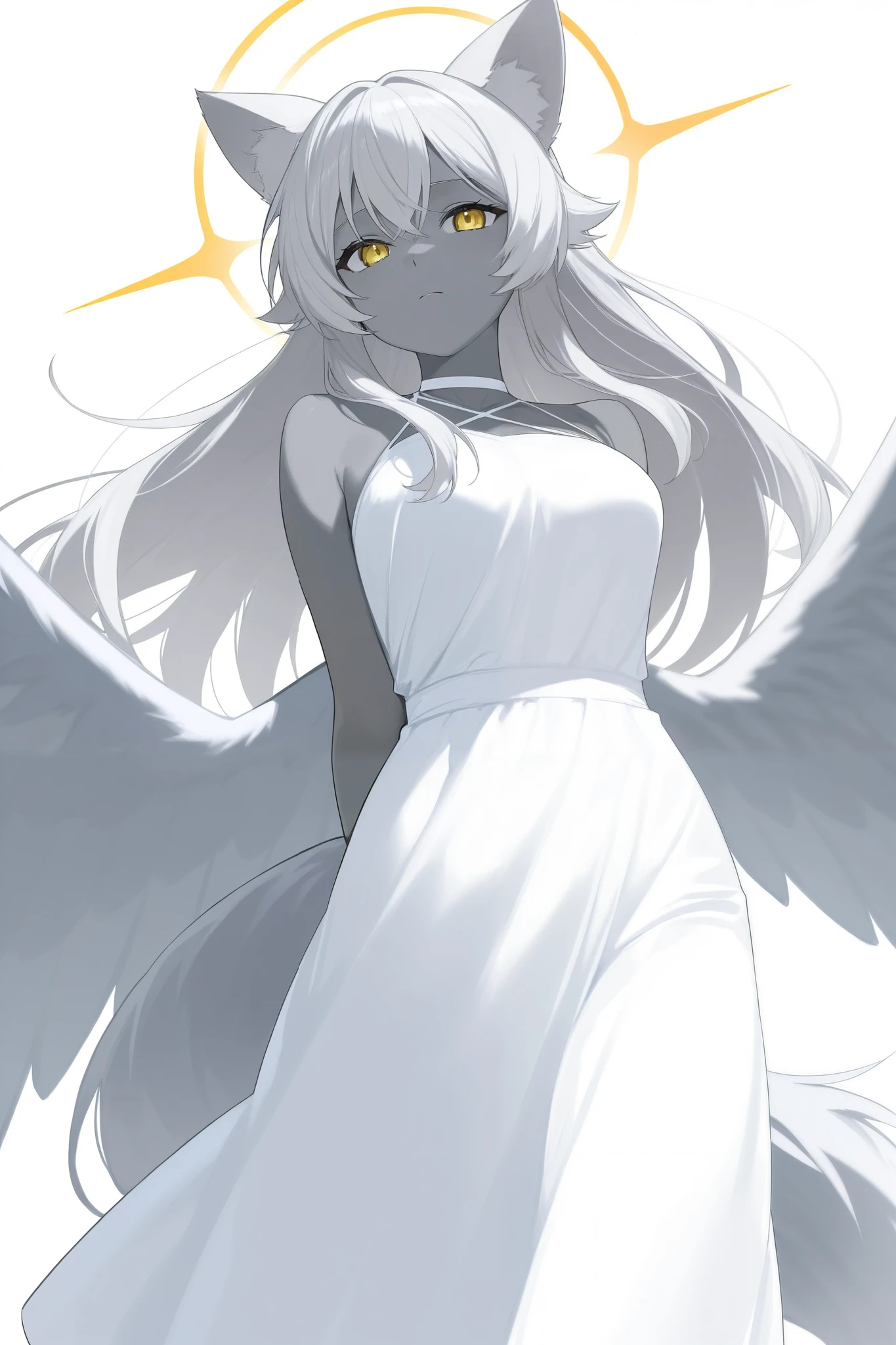 white long hair , girl , grey skin, WOLF EARS, wolf tail, big wings are tucked behind your back, wings on head , white dress contest.