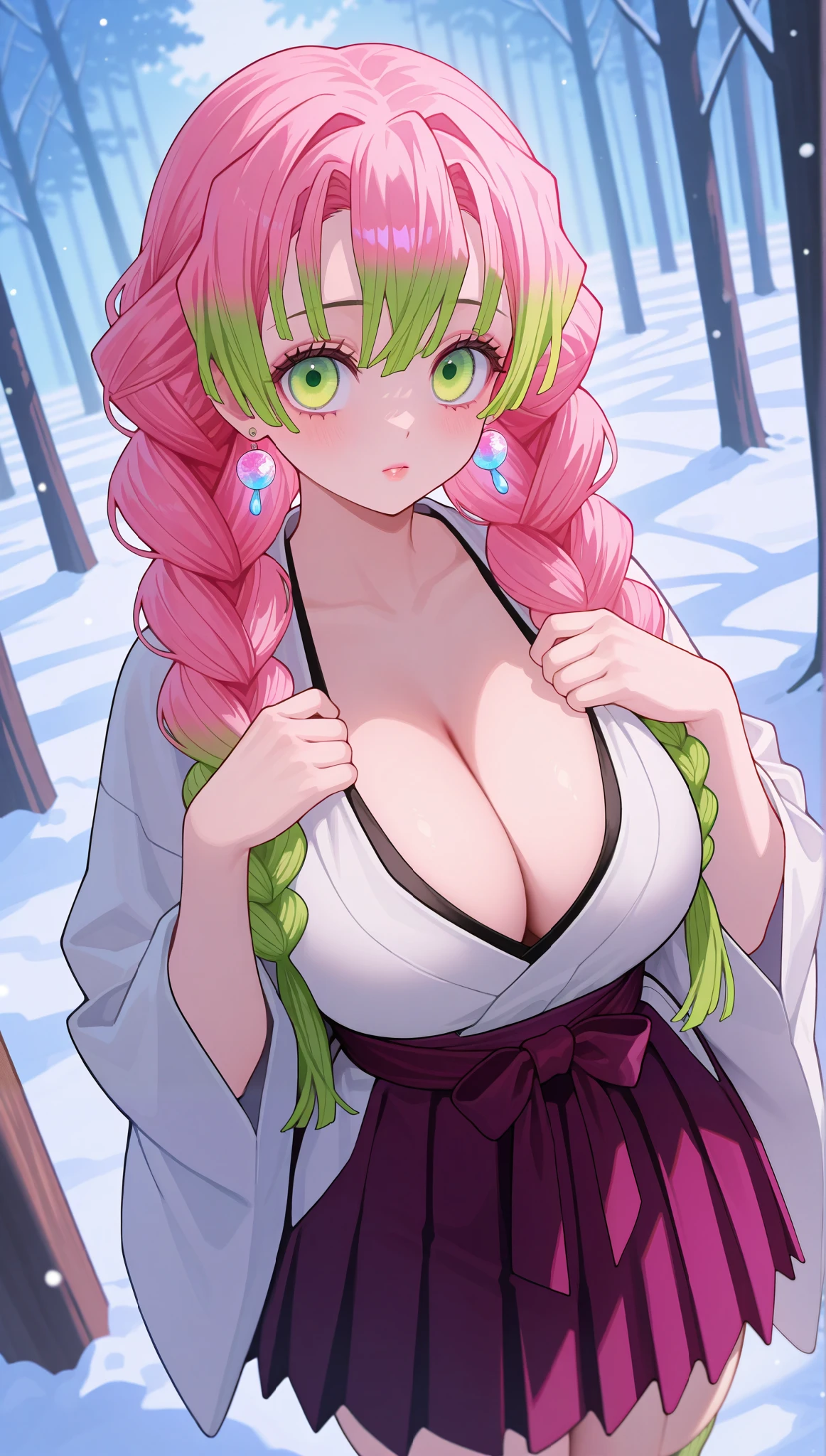 (masterpiece), (portrait), big breasts (aesthetics), ((1 female 21 years old)), Highlight earrings), ((long hair)), ((Hot crystal pink and green hair, long braids)), ((Mitsuri Kanroji,)) straight hair, thin eyes open, green eyes, cute, naughty, serious and calm, woman, feminine, beautiful, female features, top, high quality, aesthetic clothing, professional angle, (rule of thirds), (feminine), , (beautiful) , (female ) features), solo, (Korean attractive), summer, (ink haze), (afternoon), (vibrant light), seductive posture, ((face looking forward))), Mitsuri Kanroji, white kimono, long sleeves, lilac skirt, long green socks, sensual ((Energy)), (Bold Makeup), (Big Breasts), Fair Skin, (Clothes with Hip Hop Details), (a hot Mitsuri Kanroji, sculptural body, sexy pose), (Sleep Neckline), Beautiful Hands, Body beautiful, beautiful ears, beautiful eyes, bright eyes, beautiful mouth, beautiful lips, forest, snowing