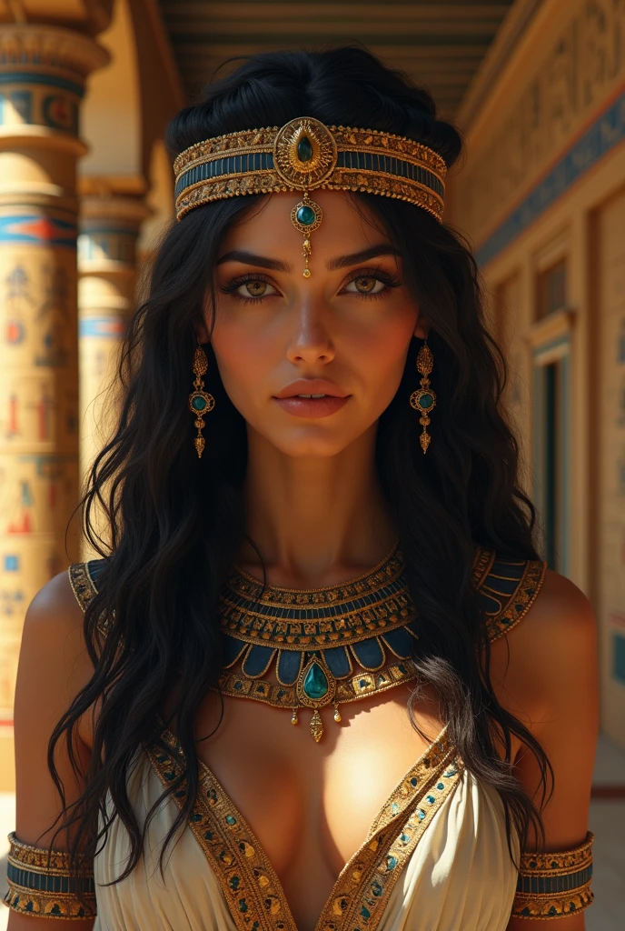 a close up of a woman wearing a gold crown and blue beads, egyptian art inspired by Lü Ji, trending on deviantart, digital art, cleopatra portrait, beautiful cleopatra, ancient libu princess, egyptian princess, egyptian, cleopatra, portrait of megan fox as a queen, portrait of cleopatra, egyptian makeup, egypt makeup, digital art picture, black emma watson as egyptian