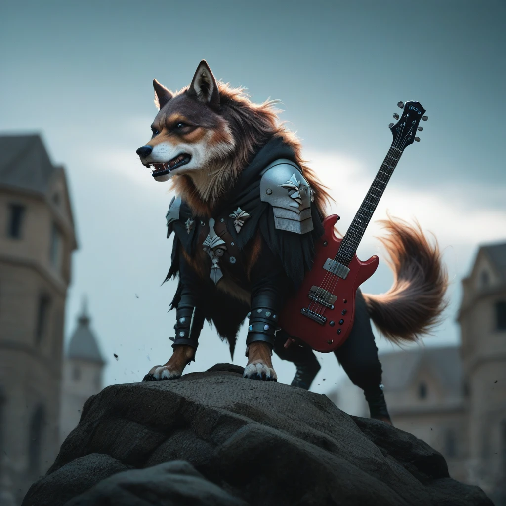 three brutal rock piglets in rocker clothes and with guitars, in the background three houses and a big wolf, action anime style
