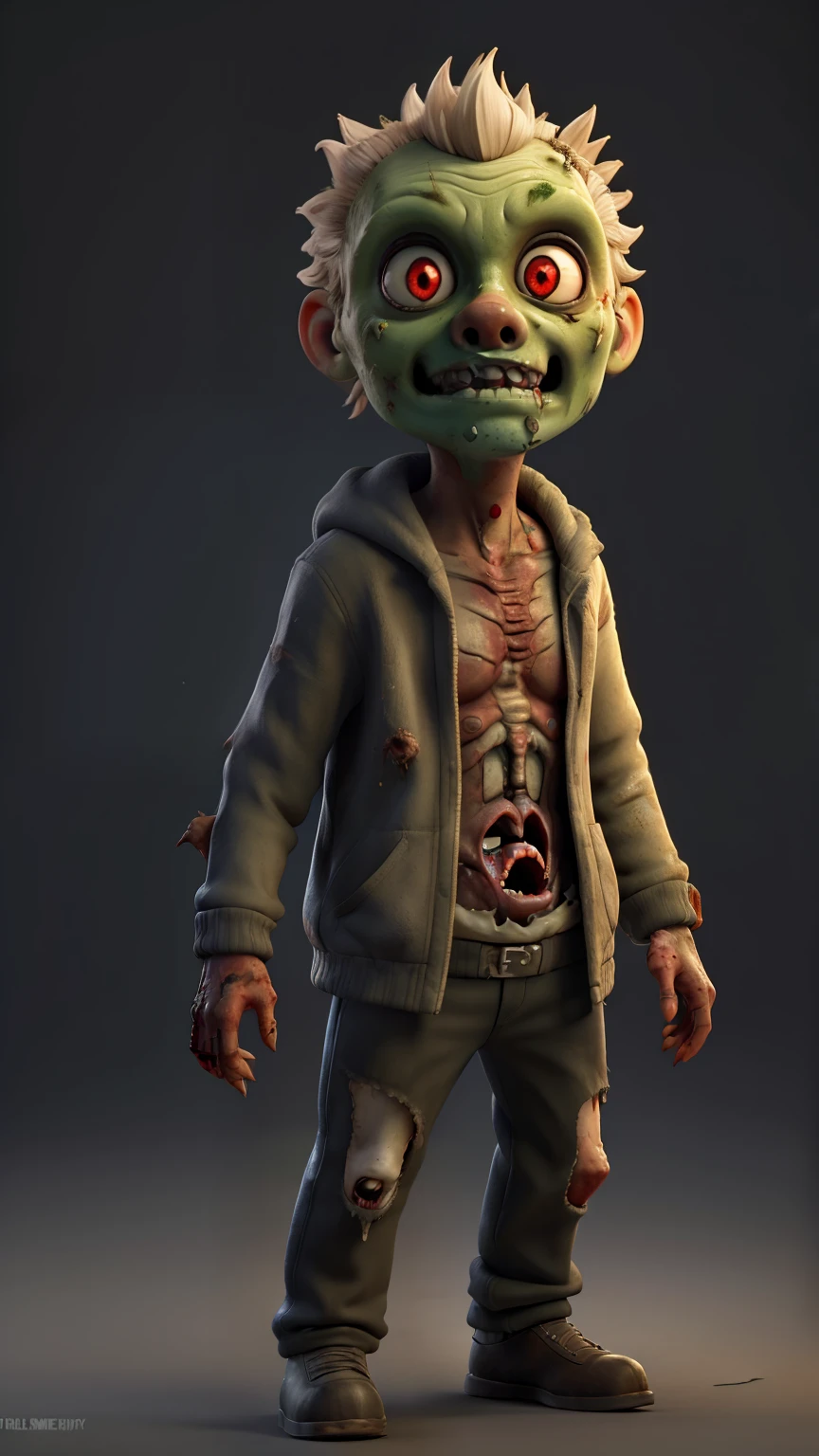 A detailed depiction of a zombie character, standing in a hauntingly dark environment. The zombie has decayed, ashen-gray skin with patches of missing flesh, revealing decayed muscle and bone underneath. Its eyes glow eerily in a dull, sickly yellow, contrasting with the dark, sunken sockets. The zombie's face is twisted in a grimace, with a broken jaw hanging loosely, and cracked, bloodstained teeth visible. Its tattered clothing hangs in shreds, caked in dirt and dried blood. The hands are bony, with sharp, blackened nails, reaching out as if to grab something. The background is shrouded in fog, with faint silhouettes of other zombies lurking in the distance, creating an atmosphere of impending doom
