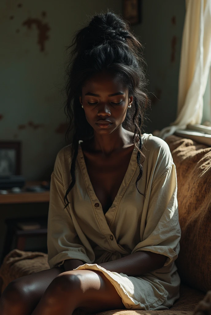 woman, middle east features, dark skin, arms crossed, feminine small hands, real color photograph, living room, close
