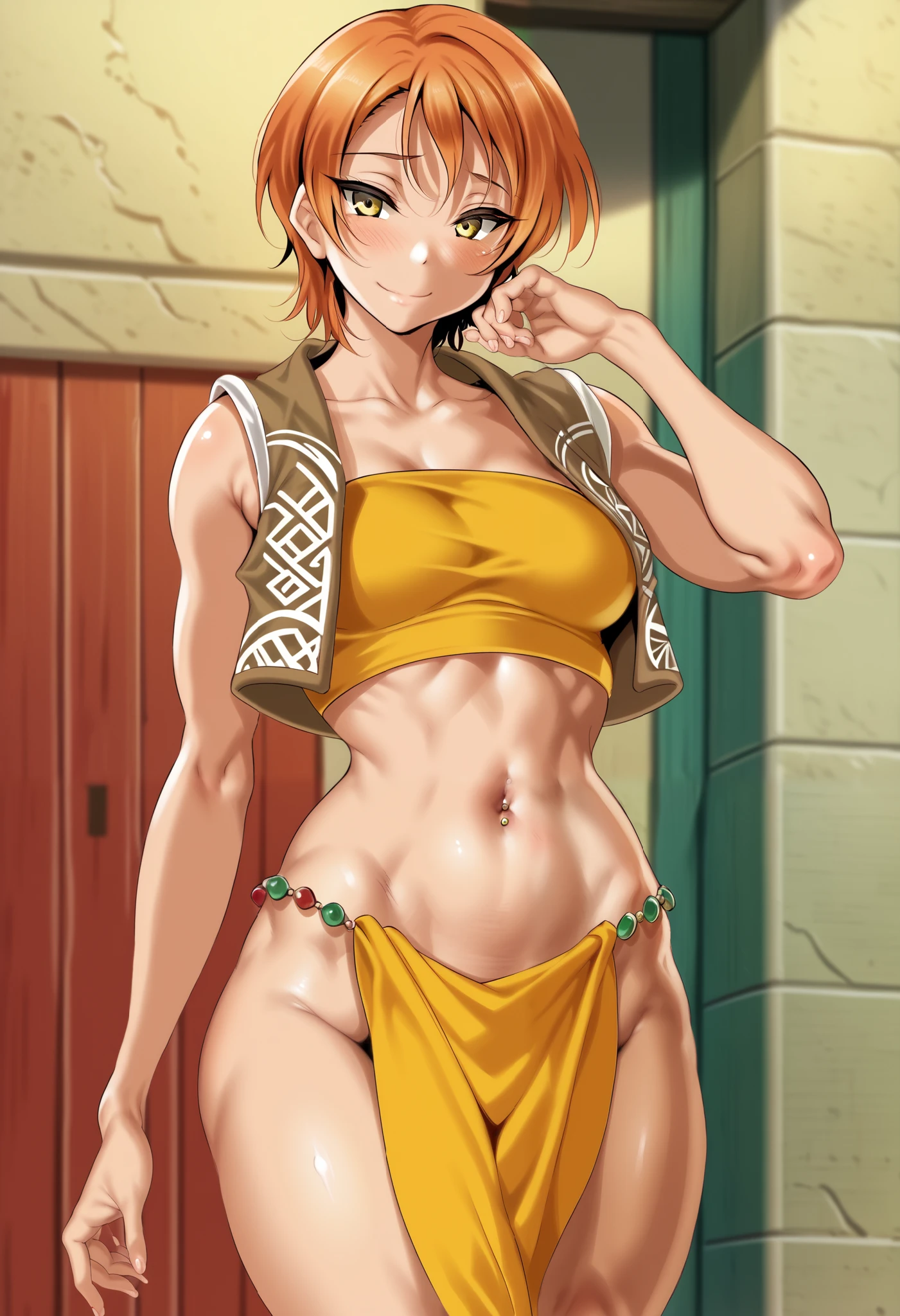 masterpiece, best quality, realistic anime style,love live art style, rin hoshizora, (yellow eyes:1.3), orange hair, medium hair, cropped_vest, tube top, midriff, micro pelvic curtain, narrow waist, African clothes,shy pose , poor African street , blushing ,RUKIA Style,Ectomorph, skinny body,Lean with visible bones, blushing smile,navel piercing,cle masahiro