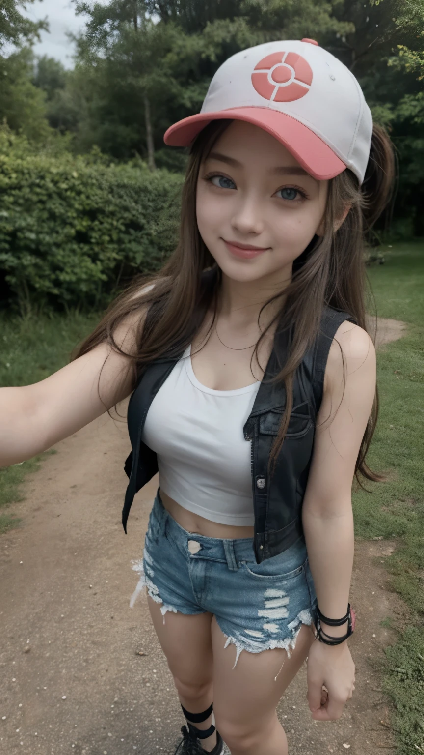( masterpiece, better quality, Detailed ), 1 girl, Alone, greeting, looking at the camera , pokemon hilda, high ponytail , long hair, Blue eyes, baseball cap, vest, denim shorts, camisa blanca, medium breasts, shorts cortos, sleeveless shirt, black vest open, wristband, outdoor, forest, Naturaleza, Grass, tree, flower, move, Evening, Dark, selfie, smile, Open mouth, happy, full body