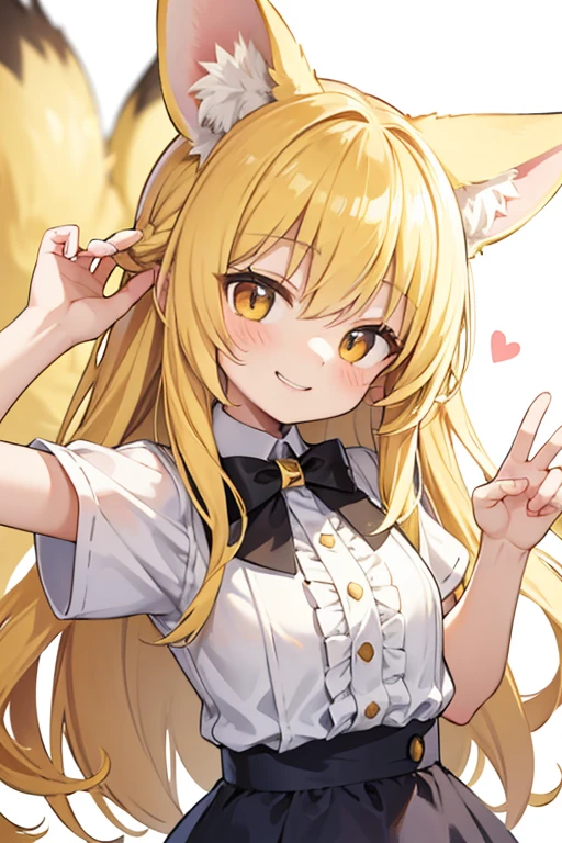 cute girl, light yellow hair, long hair, fennec ears, smile, frilled shirt