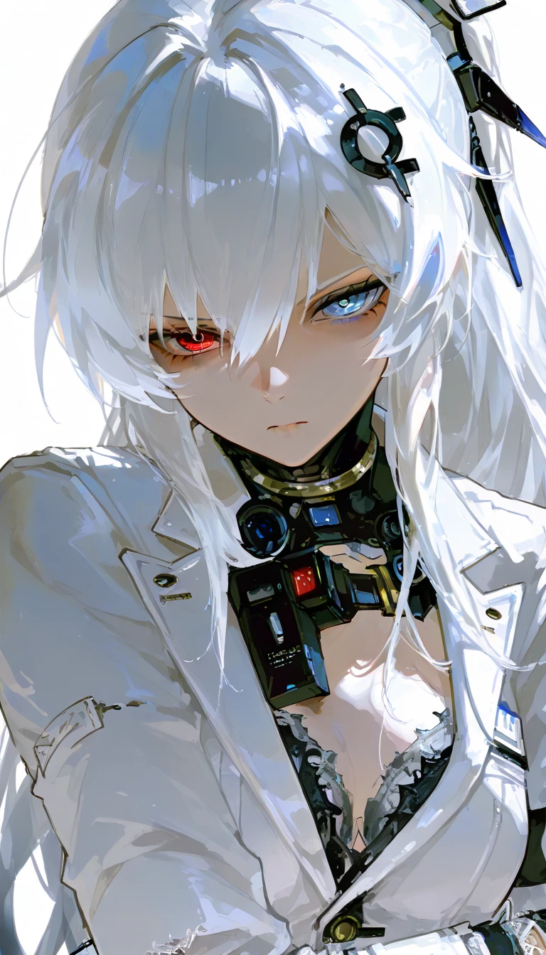  top quality , masterpiece,        748cm style       ,        1 girl,   ,       viewers,  ,      serious expression,,      Punishing Gray raven、     Lucia、     suit, frayed hair long hair, white hair, gradient hair, hair ornament, heterochromia, red eyes, blue eyes, white suit
simple background, looking at viewer, long shot, upper body, ponytail