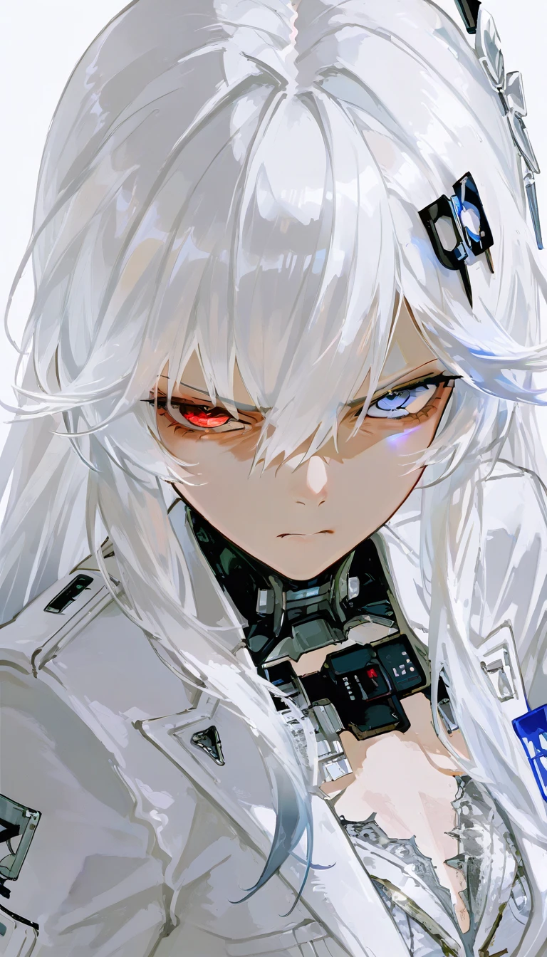  top quality , masterpiece,        748cm style       ,        1 girl,   ,       viewers,  ,      glaring,      Punishing Gray raven、     Lucia、     suit, frayed hair long hair, white hair, gradient hair, hair ornament, heterochromia, red eyes, blue eyes, white suit
simple background, looking at viewer, upper body