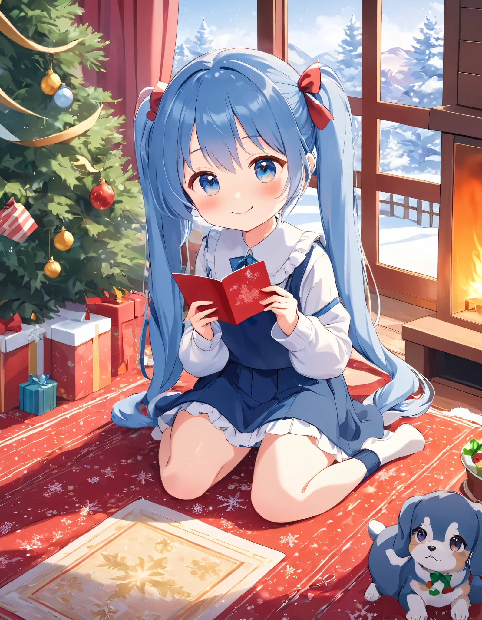  Light Blue Long Hair 、 little character with twin tails、Bright living room、A warm room with a wood burning stove 、 snowy landscape outside the window、 is smiling and holding a Christmas card、 Christmas Tree、クリスマスケーキ anime girl with blue hair and a puppy sitting on a rug, anime style 4 k, anime moe artstyle, cute anime girl, digital art on pixiv, anime art wallpaper 8 k, anime! 4 k, anime! 4K, anime visual of a cute girl, loli, made with anime painter studio, 4K!, painted in anime painter studio、