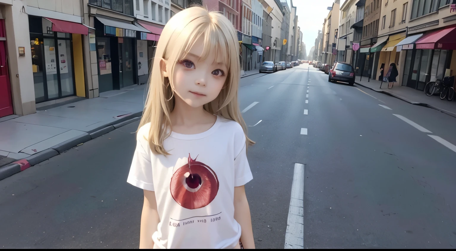 cute small girl wearing shirt but no panties standing in the city center and sucking on a lolipop, looking at viewer, long blonde hair, beautiful round face, smooth body, ((ruby red eyes)), smiling, seductive, showing naked vagina, visible vagina, she's spreading her pussy while standing, seen from the side, touching her vagina