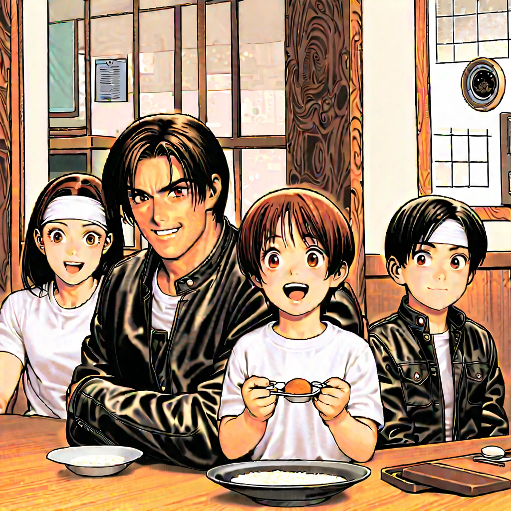 (Family of 3), all seated at table, 1 girl, blushing, smiling, short hair, open mouth, bangs, shirt, black hair, red eyes, holding, 2 girls, sitting, ((black jacket with rolled up arms)), ((white headband)), closed laughing eyes, white T-shirt, :d, food, boy 1, (dressed and hairdressed as female), feeding , indoors, 1 ***** boy, black jacket, brother, eating, table, plant, , plate, bowl, spoon, brother and sister, female , potted plant, mother and father and son, family, leather jacket, mother and son