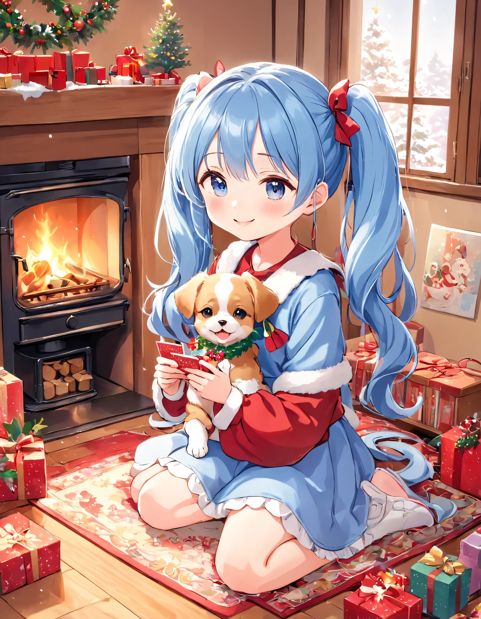  Light Blue Long Hair 、 little character with twin tails、Bright living room、A warm room with a wood burning stove 、 snowy landscape outside the window、I'm holding a Christmas card with a smile、 Christmas Tree、クリスマスケーキ anime girl with blue hair and a puppy sitting on a rug, anime style 4 k, anime moe artstyle, cute anime girl, digital art on pixiv, anime art wallpaper 8 k, anime! 4 k, anime! 4K, anime visual of a cute girl, li, made with anime painter studio, 4K!, painted in anime painter studio、