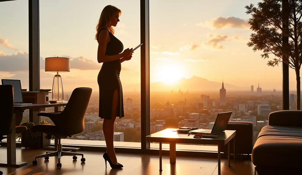 8k ((( very ditailed )))((( hiper realistic )))Create an image of a mature woman standing near a panoramic office window, dressed in a figure-hugging business dress with a slit and high heels. She’s holding a tablet and gazing out at the city skyline as the evening sun casts a golden glow on her. The room includes minimalist furniture and a glass table with neatly arranged documents and a laptop((( in stockings ))) ((( super big boobs ))) (( warm and hot colors 1.9 ))) ((( super huge tits deep cleavage ))) red and yelow colors  ((( slim bpdy )))((( stockings 1.9 )))
