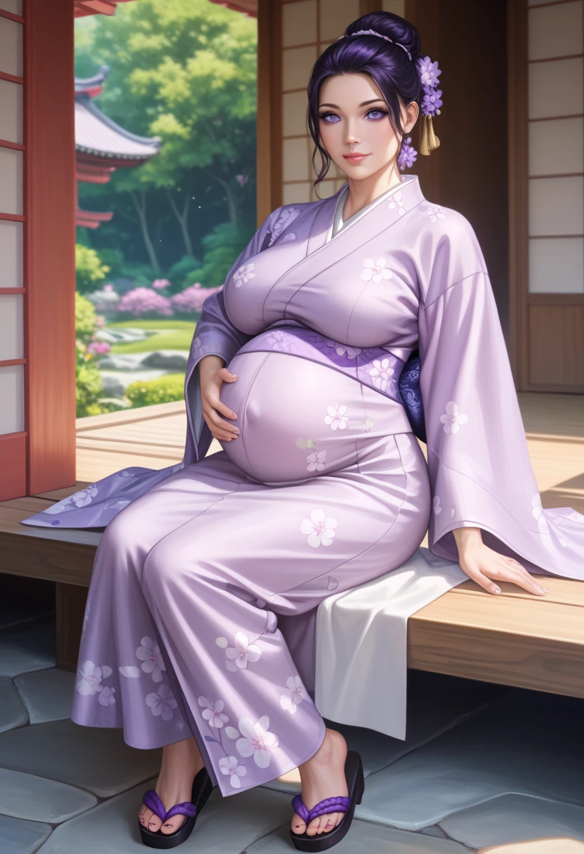 masterpiece, best quality, high quality, high definition, high quality texture, high quality shadow, high detail, beautiful detailed, fine detailed, extremely detailed cg, detailed texture, realistic, colorful , pregnant body, kimono japanese, black eyeliner, black eyelashes, dark purple hair, beautiful light purple eyes, sit gracefully, long kimono skirt, wooden sandals, garden background, big breast