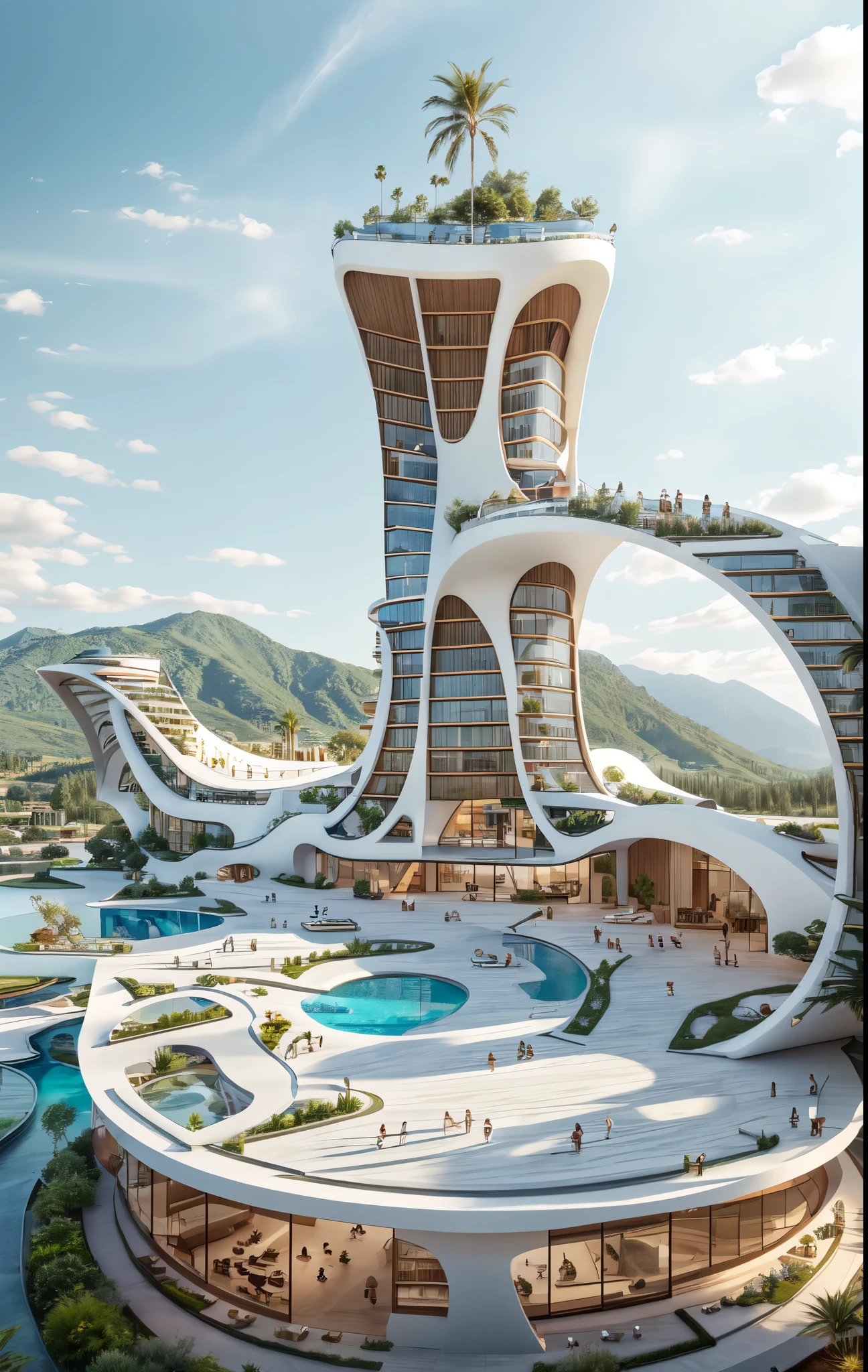 Building design , cars, tree, Hotel design, day light , outstanding, single tall building, blue sky.  City and mountain at the background , small pool, realistic