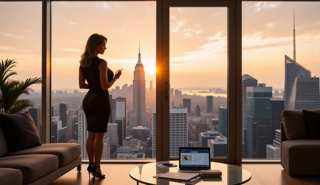 8k ((( very ditailed )))((( hiper realistic )))Create an image of a mature woman standing near a panoramic office window, dressed in a figure-hugging business dress with a slit and high heels. She’s holding a tablet and gazing out at the city skyline as the evening sun casts a golden glow on her. The room includes minimalist furniture and a glass table with neatly arranged documents and a laptop((( in stockings ))) ((( super big boobs ))) (( warm and hot colors 1.9 ))) ((( super huge tits deep cleavage ))) red and yelow colors  ((( slim bpdy )))((( stockings 1.9 )))
