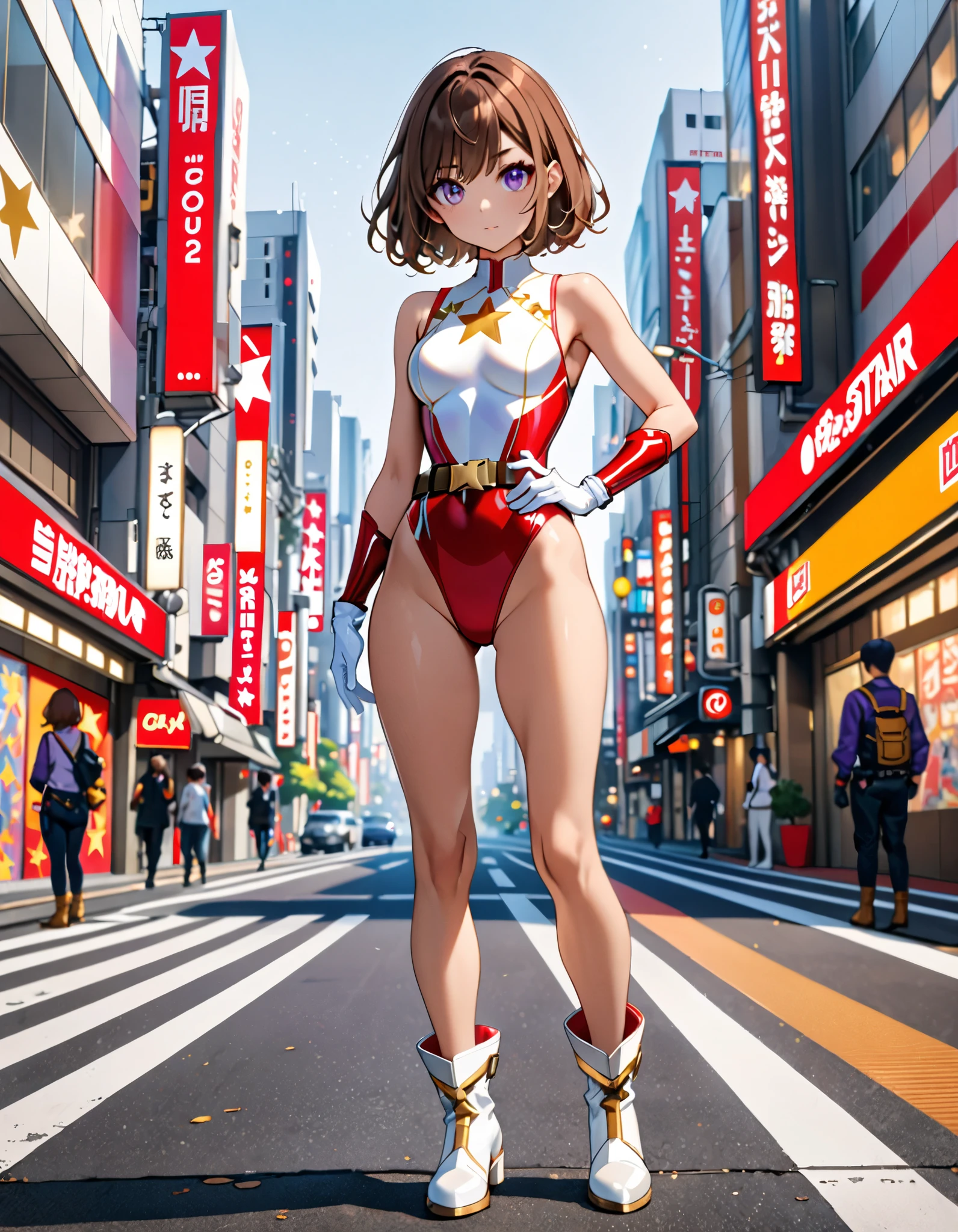 masterpiece, best quality, 1girl, medium breasts, (leotard, red leotard with white accents, sleeveless, midriff), bare legs, boots, matching boots, bracelets, city backdrop, solo, single, standing, heroic, (full body shot, cowboy shot), beautiful detailed eyes, medium hair, superhero, (glow, powering up, light particles)
