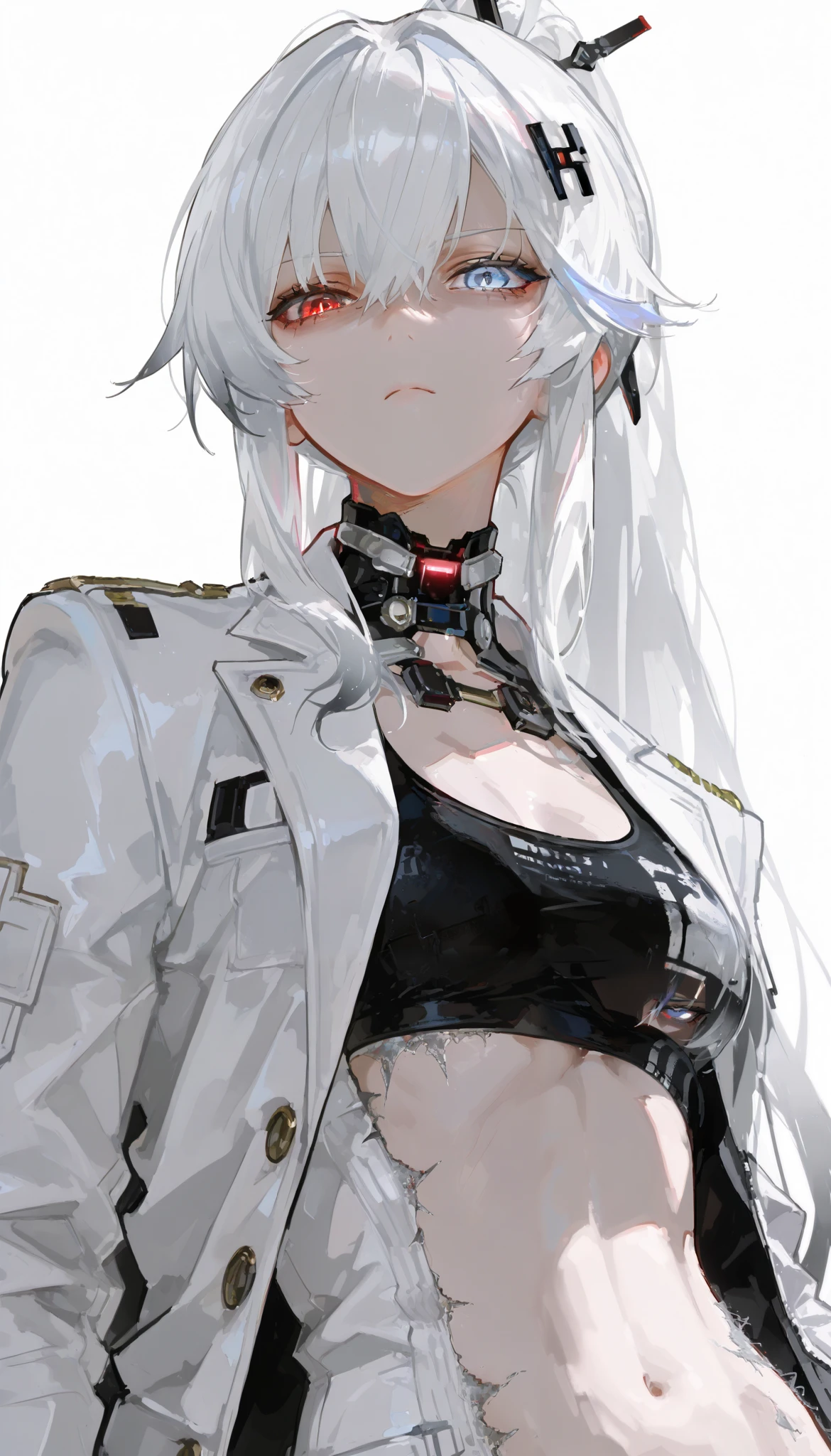  top quality , masterpiece,        748cm style       ,        1 girl,   ,       viewers,  ,      serious expression,,      Punishing Gray raven、     Lucia、     white jacket, frayed hair long hair, white hair, gradient hair, hair ornament, heterochromia, red eyes, blue eyes, white suit
simple background, looking at viewer, long shot, bare belly, upper body, ponytail, black sports bra