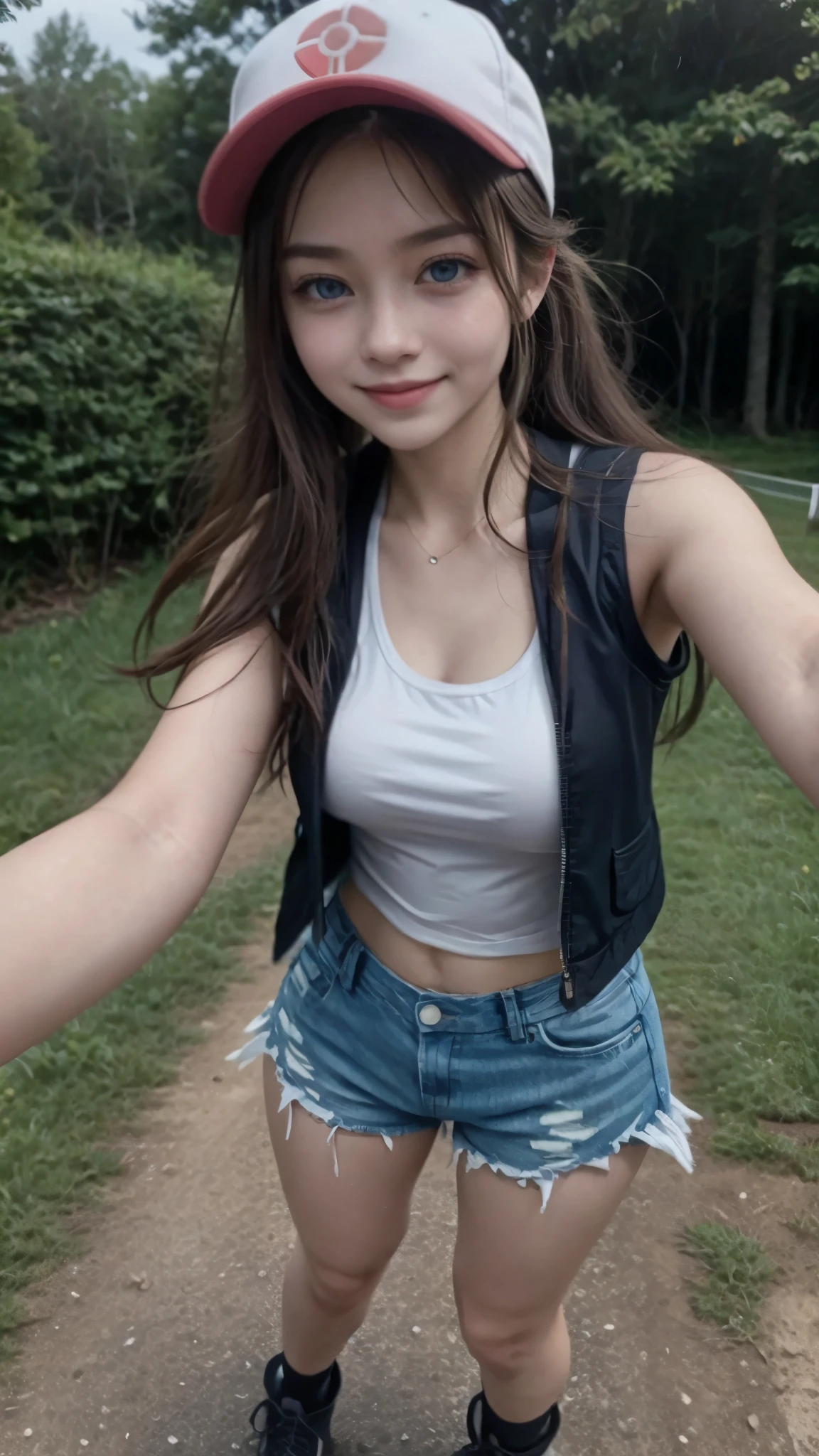 ( masterpiece,  better quality,  Detailed ), 1 girl, Alone, greeting,  looking at the camera , pokemon hilda,  high ponytail ,  long hair, Blue eyes, baseball cap, vest,  denim shorts, camisa blanca,  medium breasts, shorts cortos, sleeveless shirt, black vest open, wristband,  outdoor, forest, Naturaleza, Grass, tree, flower, move, Evening, Dark, selfie, smile,  Open mouth, happy, full body, tennis