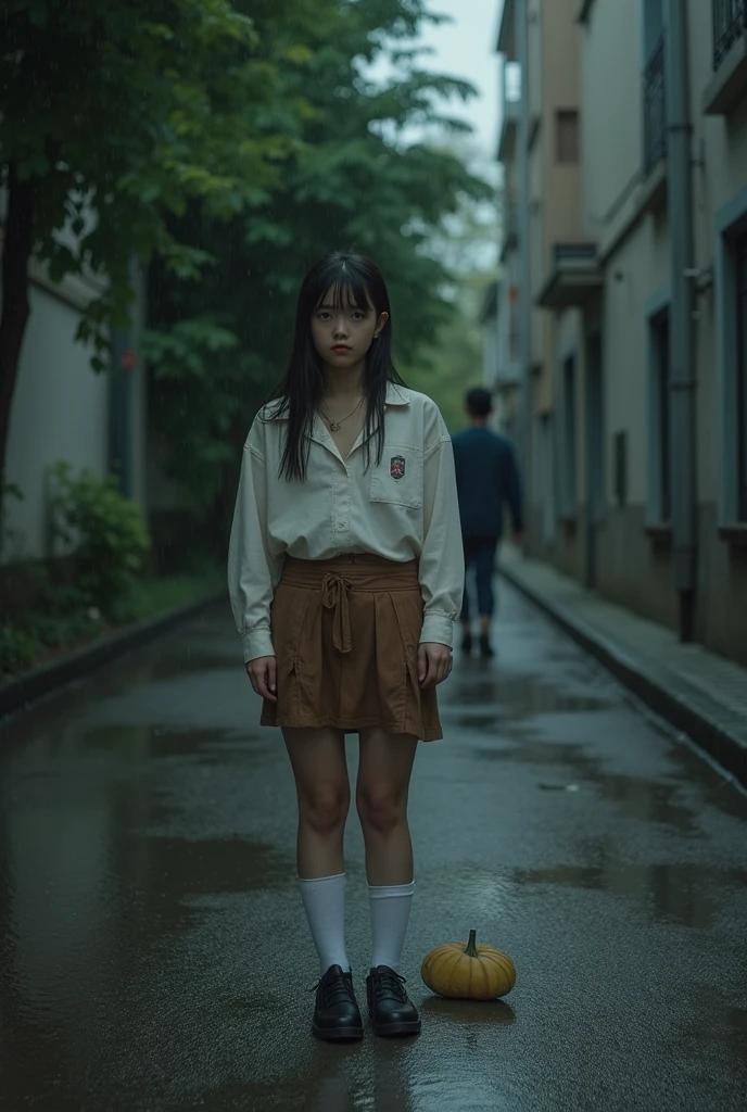 best image quality, masterpiece, super high resolution, (fidelity:1.4), photo, 1 Asian schoolgirl and 3 men, open pramuka shirt, brown skirt, white knee-length socks. black school shoes, dim, darkness, despair, pity, lying on the sidewalk, poor , spring, teardrops, (torn clothes: 1.5), (wet clothes: 1.4), shirtless, real rain, wet hair,. .
after 3 men rape her