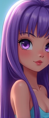 1girl, Blue eyes, Long Hair, Bangs, Purple Hair, Breasts, Smile, Blush, Light Smile, cat ears