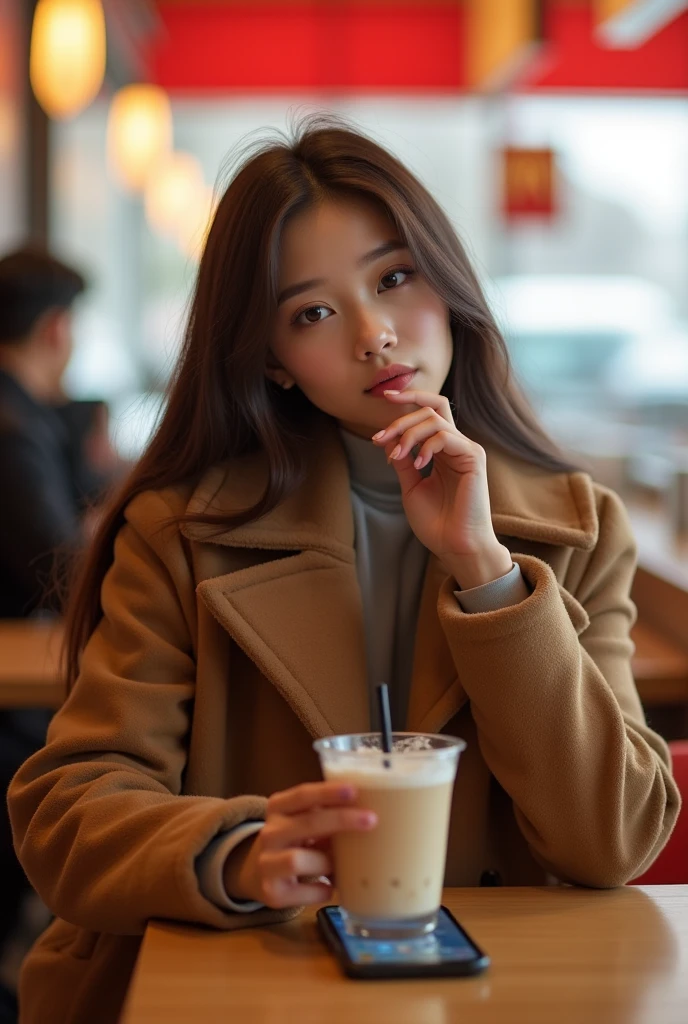 Full body, cinematic portrait of a 4 year old Korean girl with long curly hair sitting with a cup of coffee on a bench, fashion model of Korean girl wearing flannel shirt and black t-shirt, denim jeans, handsome sitting pose in front of glass coffee shop, sitting on outdoors like a park with aesthetic decorative lights, bokeh background with a simple coffee shop and green trees visible from a distance, faces looking at the camera.
