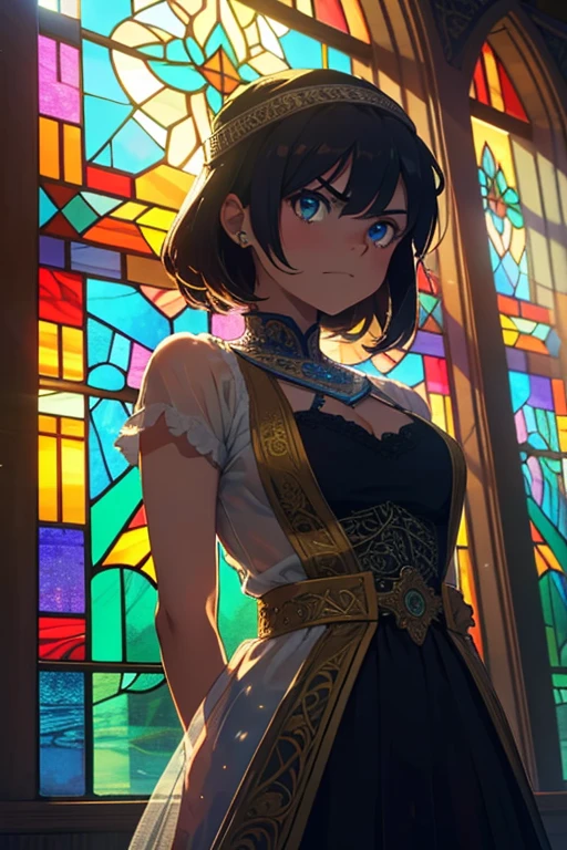 Masterpiece, best quality, (delicate), ethereal, mystical, ((intricate)), (mosque), 1girl, Stained glass, beautiful face and eyes, Fractal,smile, angly,arms behind back,