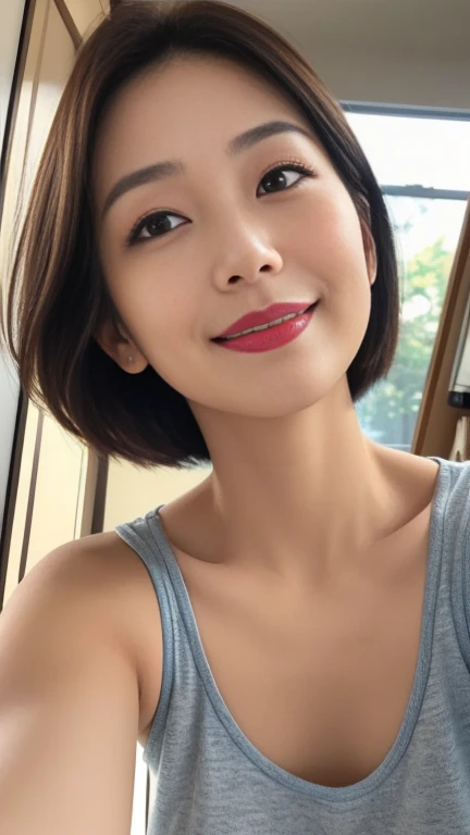 (a masterpiece portrait of a woman with ultra detailed features, in 8K resolution, with crisp quality and vibrant colors)、( focusing on her face)、 one woman、 Japanese、Age 30、Brunette woman、 Pro Pictures、Beautifully arranged short bob cut hair、( shot from the front :1.4)、(Front View:1.4)、( viewers:1.8)、 glossy red lipstick 、 glossy red lipstick 、Thick lips、 brown eyes、Round eyes、 big smile、background: home kitchen 、 is placed in the center of the screen、