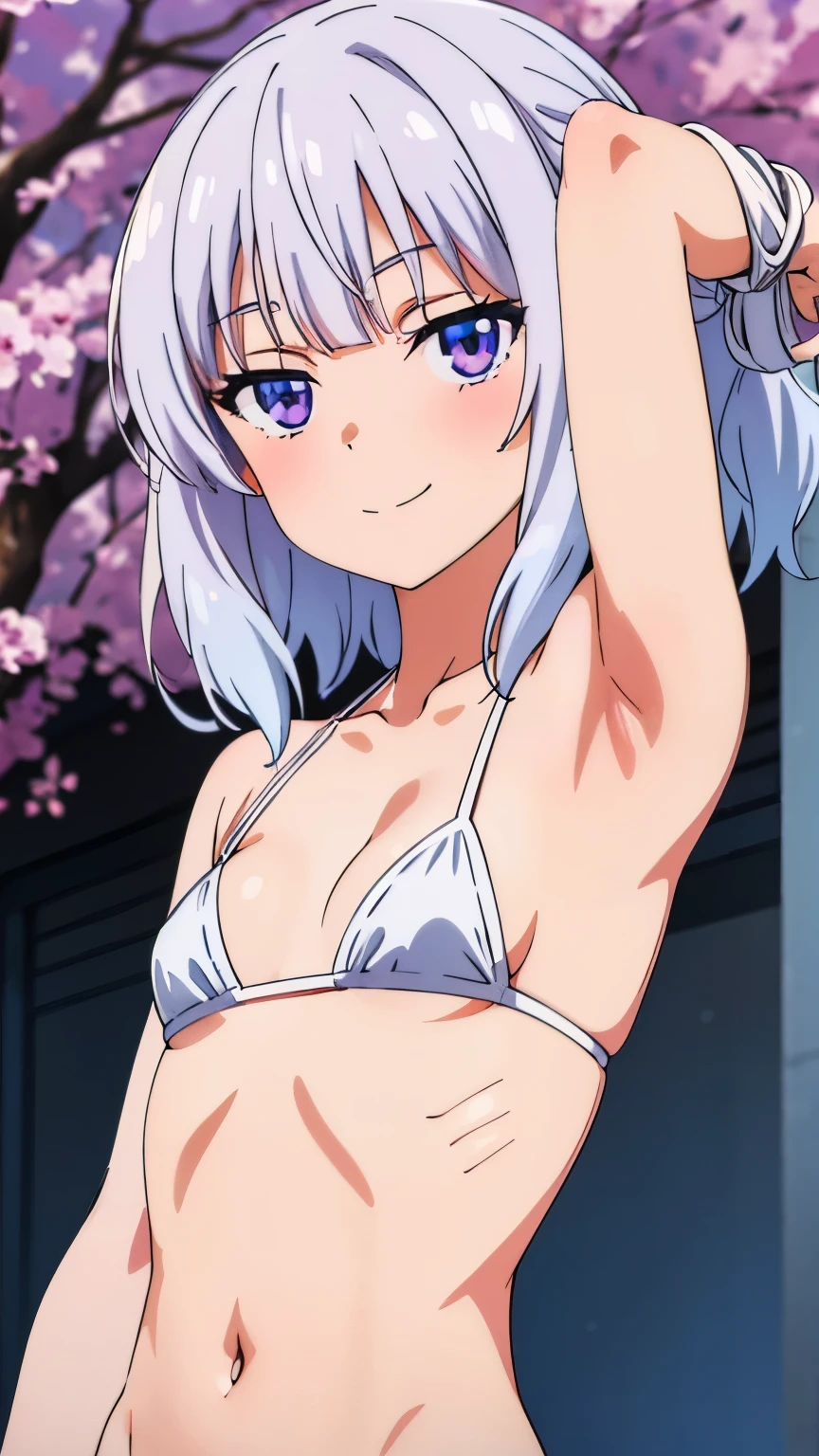 1girl, solo, hair ornament, white bikini, looking at viewer, hairclip, solo, night sky, forest, arms behind head, contrapposto, spread armpits, closed mouth, smile, upper body, breasts, medium hair,