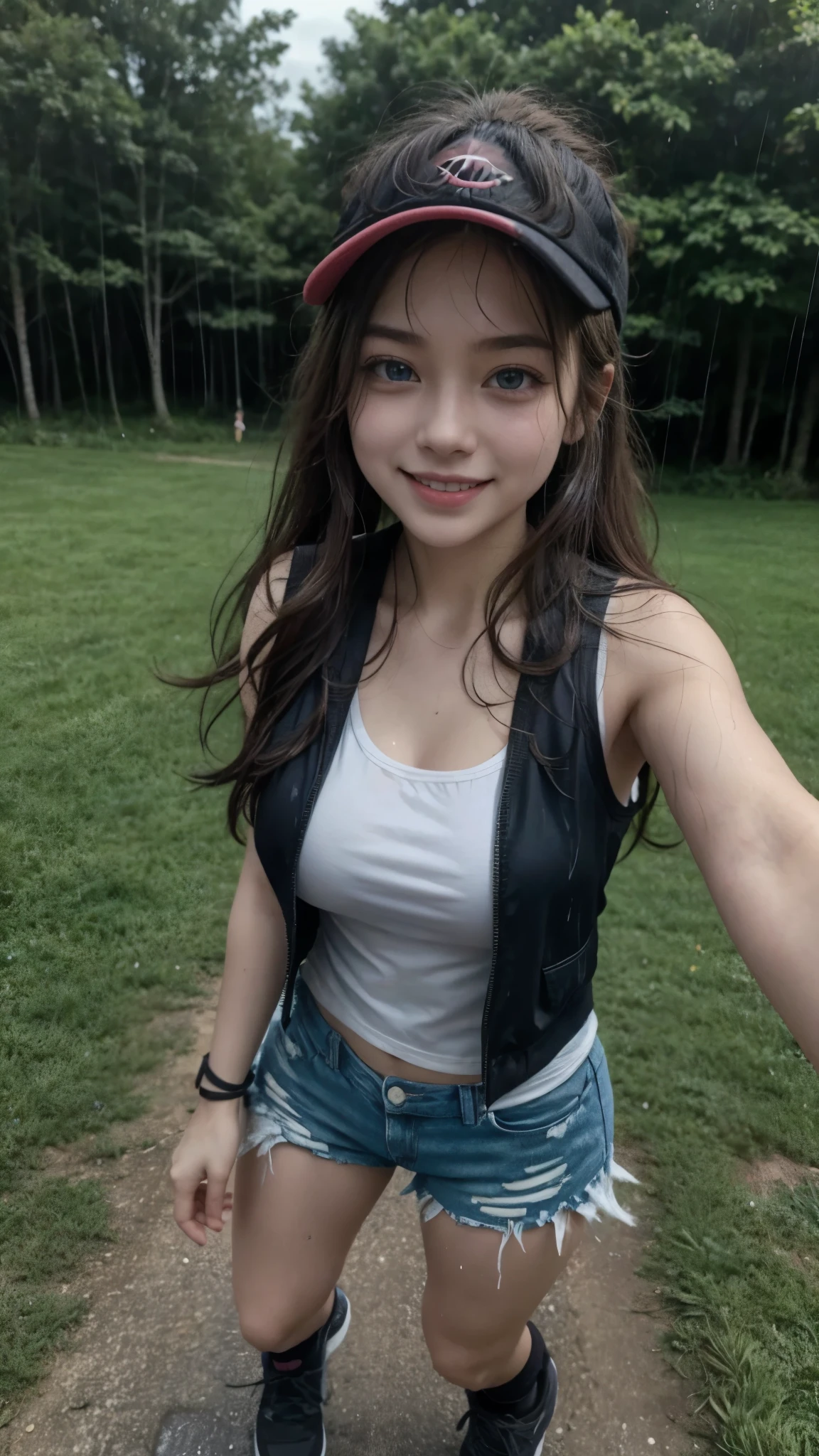 ( masterpiece,  better quality,  Detailed ), 1 girl, Alone, greeting,  looking at the camera , pokemon hilda,  high ponytail ,  long hair, Blue eyes, baseball cap, vest,  denim shorts, camisa blanca,  medium breasts, shorts cortos, sleeveless shirt, black vest open, wristband,  outdoor, forest, Naturaleza, Grass, tree, flower, move, Evening, Dark, selfie, smile,  Open mouth, happy, full body, tennis, wet, under the rain, smile