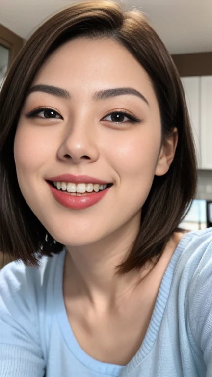 (a masterpiece portrait of a woman with ultra detailed features, in 8K resolution, with crisp quality and vibrant colors)、( focusing on her face)、 one woman、 Japanese、Age 30、Brunette woman、 Pro Pictures、Beautifully arranged short bob cut hair、( shot from the front :1.4)、(Front View:1.4)、( viewers:1.8)、 glossy red lipstick 、 glossy red lipstick 、Thick lips、 brown eyes、Round eyes、 big smile、background: home kitchen 、 is placed in the center of the screen、