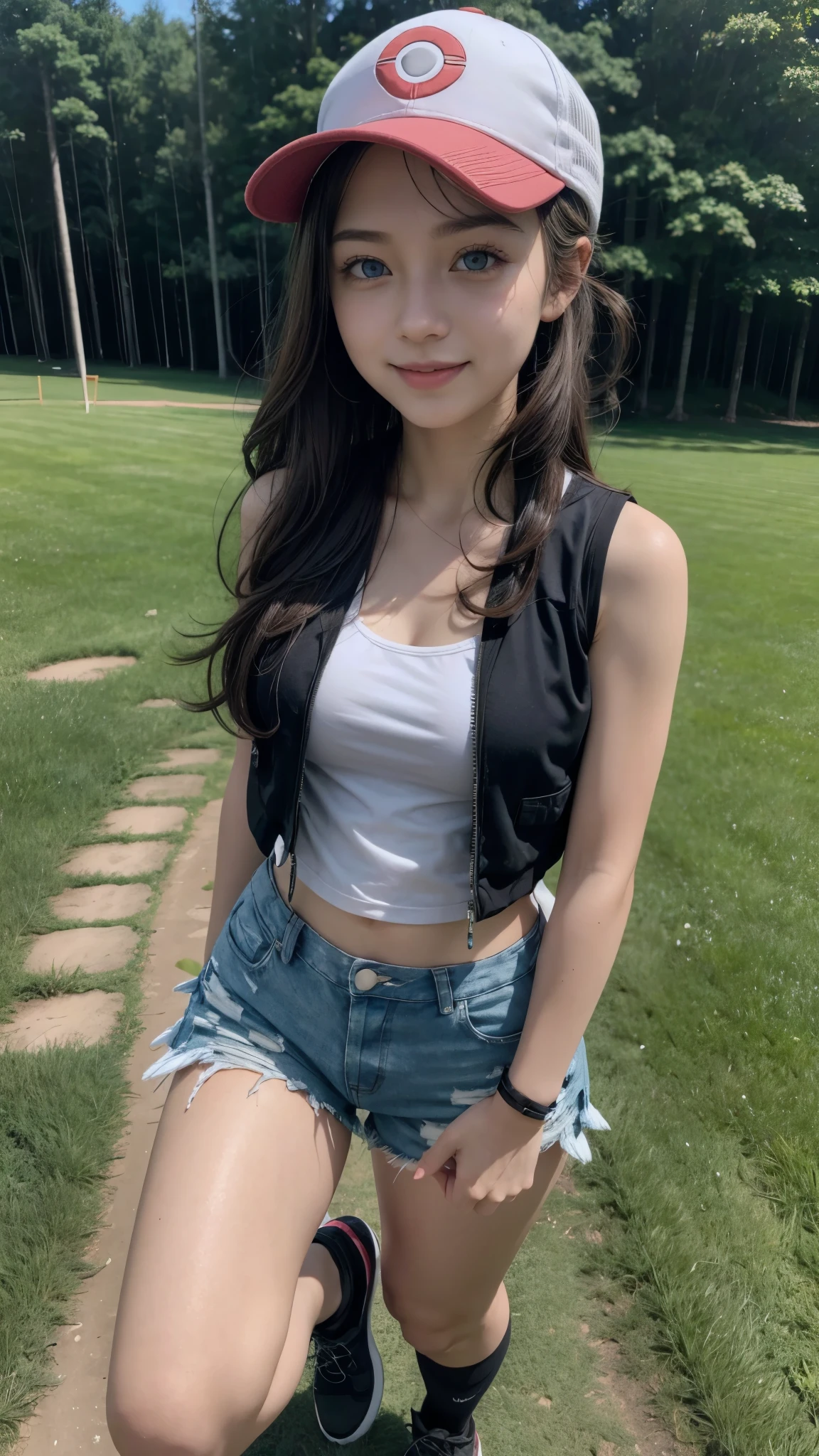 ( masterpiece,  better quality,  Detailed ), 1 girl, Alone, greeting,  looking at the camera , pokemon hilda,  high ponytail ,  long hair, Blue eyes, baseball cap, vest,  denim shorts, camisa blanca,  medium breasts, shorts cortos, sleeveless shirt, black vest open, wristband,  outdoor, forest, Naturaleza, Grass, tree, flower, move, Evening, Dark, selfie, smile,  Open mouth, happy, full body, tennis