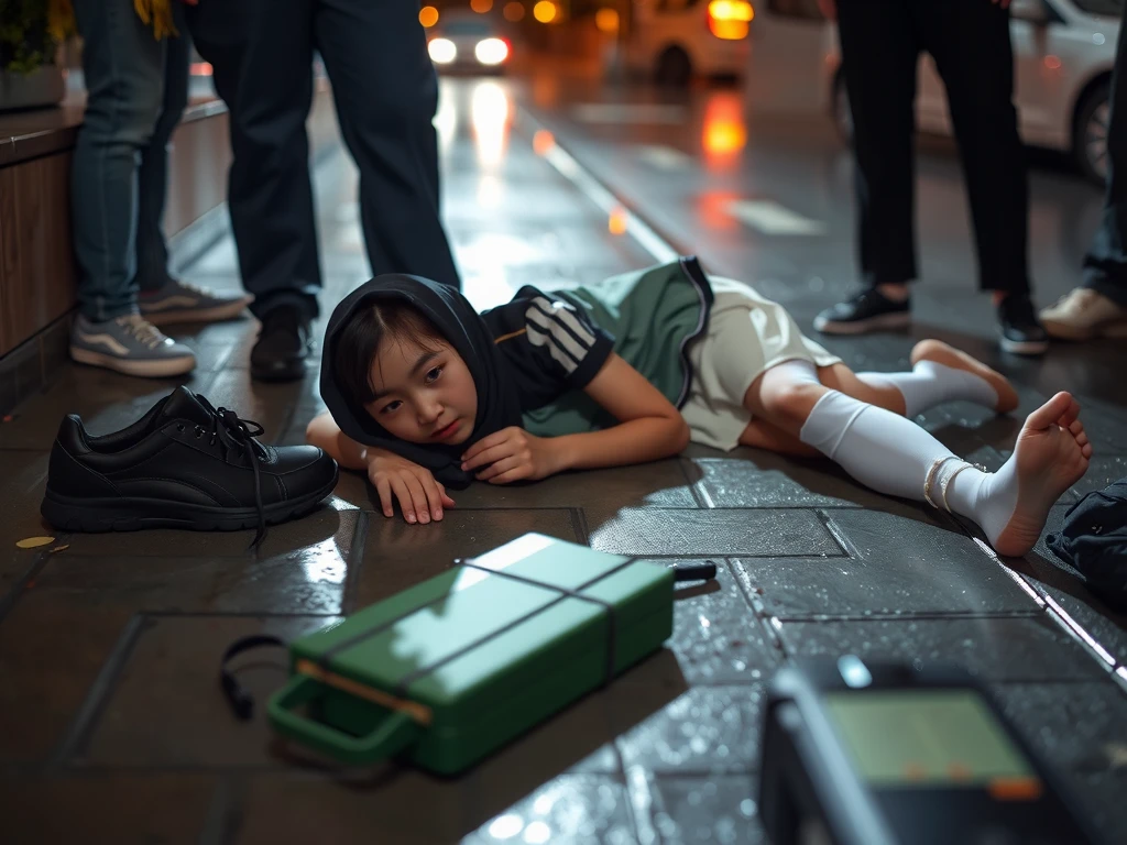 best image quality, masterpiece, super high resolution, (fidelity:1.4), photo, 1 Asian schoolgirl and 3 men, open siswi hijab shirt, white knee-length socks. black school shoes, dim, darkness, despair, pity, lying on the sidewalk, poor , spring, teardrops, (torn clothes: 1.5), (wet clothes: 1.4), shirtless, real rain, wet hair,. .
after 3 men rape her